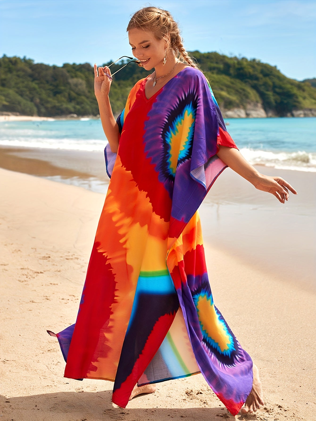 Women's Boho Maxi Kaftan Dress, V-Neck Long Dress Swimsuit Cover-Up, Casual Plus-Size Beachwear For Summer Vacation