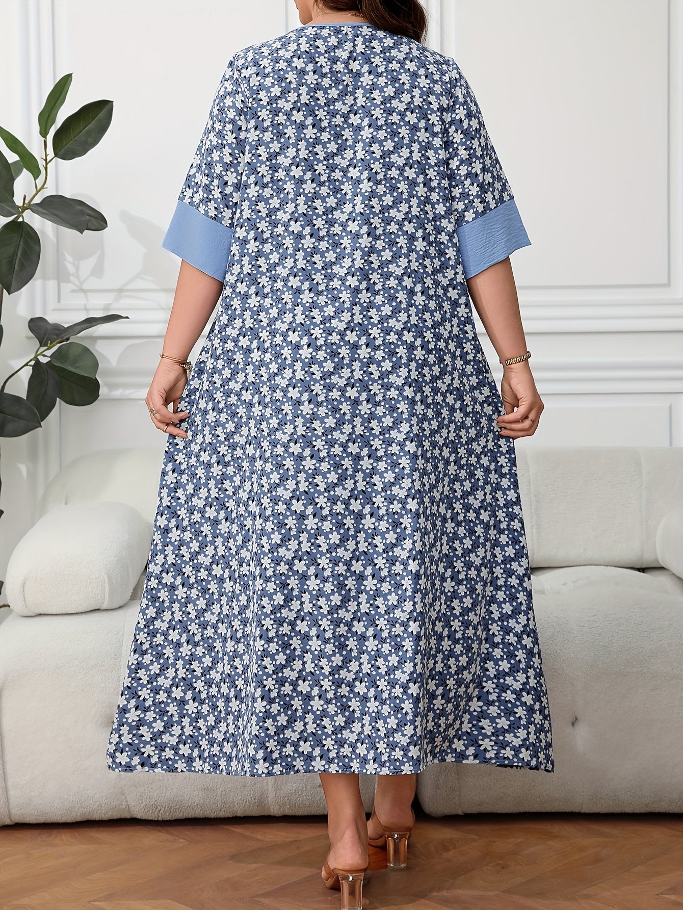 Plus Size Floral Print Tie Front Bow Baju Abaya - Blue Floral on Light Blue, Loose Fit Maxi Dress with Short Sleeves, Machine Washable Non-Stretch Fabric, Middle Eastern-Inspired Design