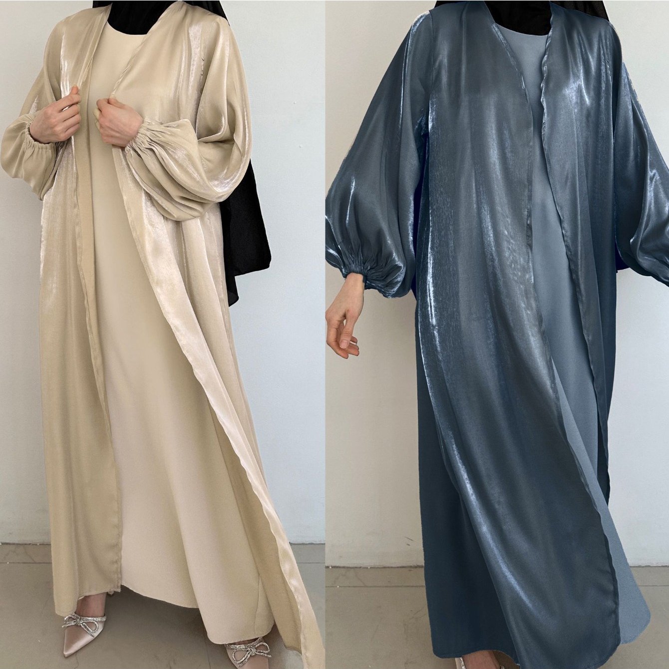 Plus Size, Middle Eastern Modest Muslim Fashionable Bright Silky Satin Solid Color Belt Bat Sleeve Arabic Abaya European and American Large Size Women's Clothing