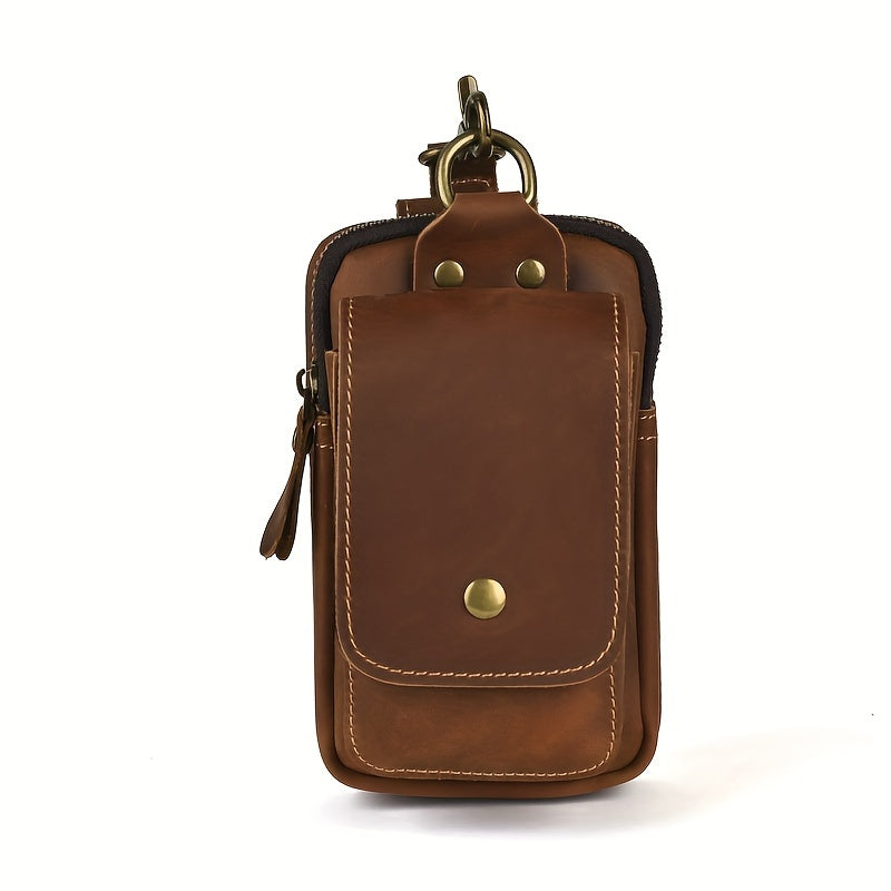 Men's Retro Genuine Leather Belt Bag - Anti-Theft Lightweight Belt Clip with Multiple Zippered Compartments for Phone & Essentials