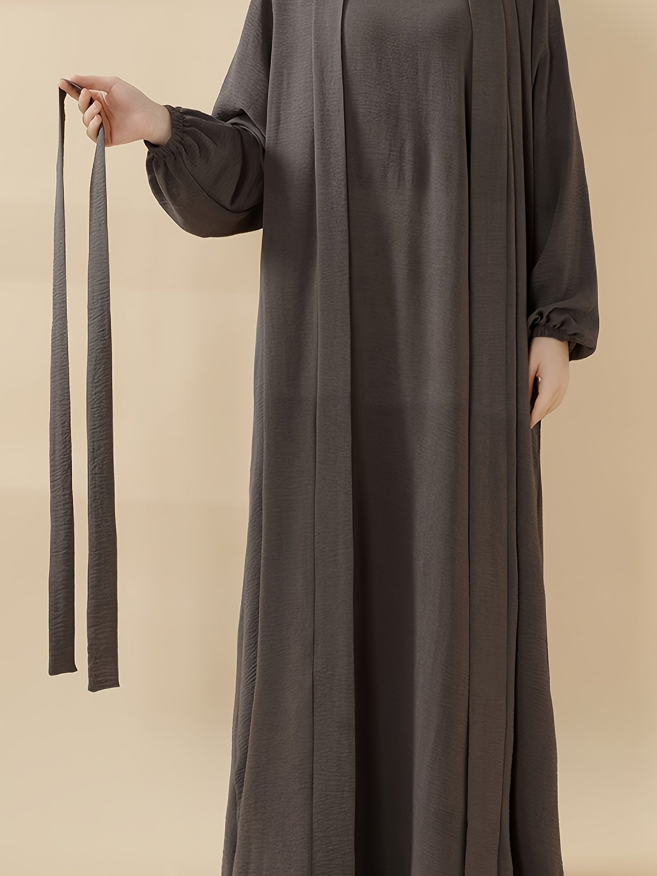 3pcs Elegant Open Arabic Abaya & Pocket Belt Abaya Set - Solid Color, Stretchy Polyester, Breathable for Spring/Summer - Ideal for Ramadan & Muslim Women, Lightweight Islamic Kaftan Dresse