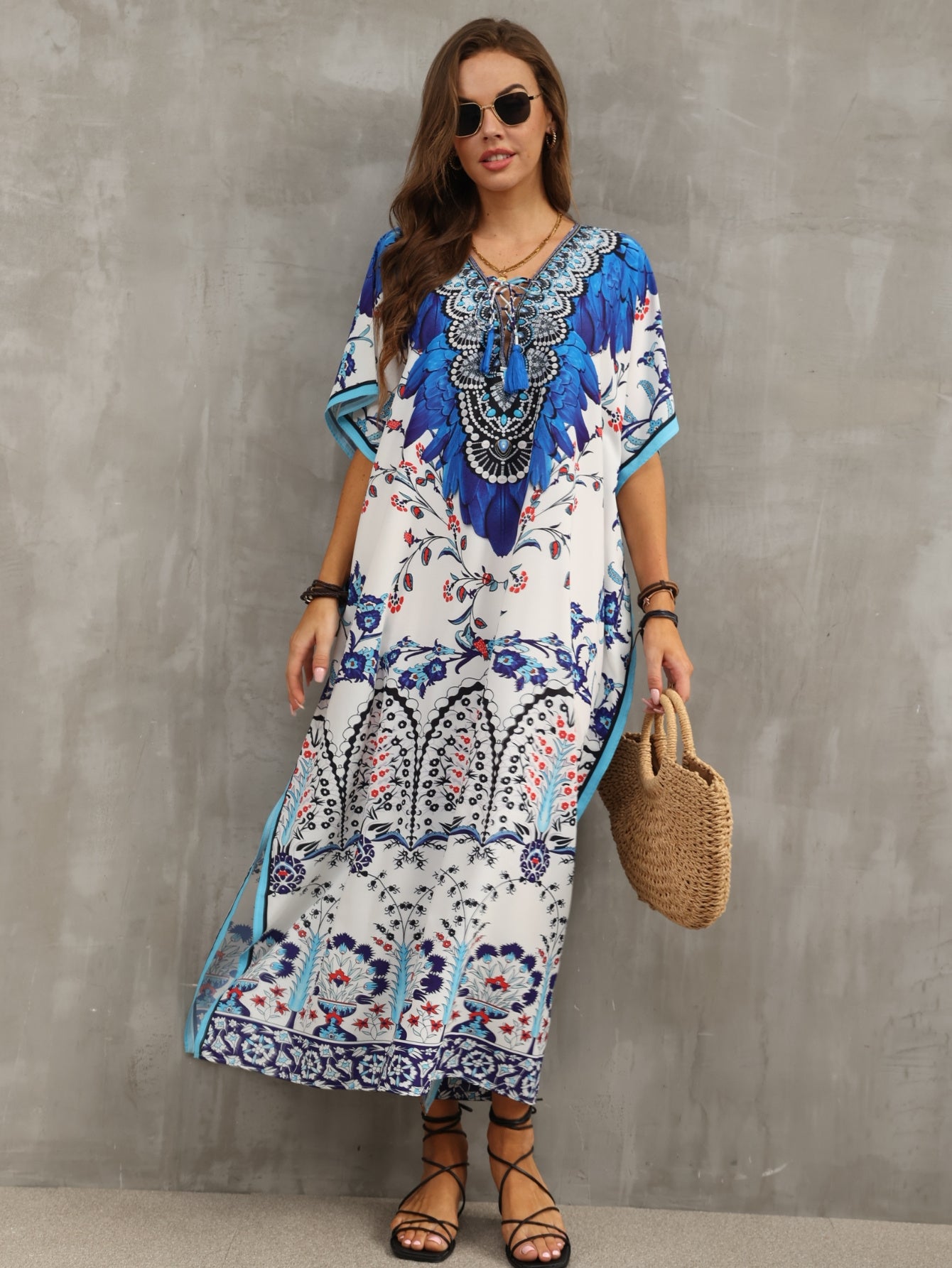 Women'S Kaftan Dresses Flower Print Beach Cover Up Vacation Robe V-neck Side Slit Casual Home Vacation Beach Swimsuit Cover Up Loose Long Dress