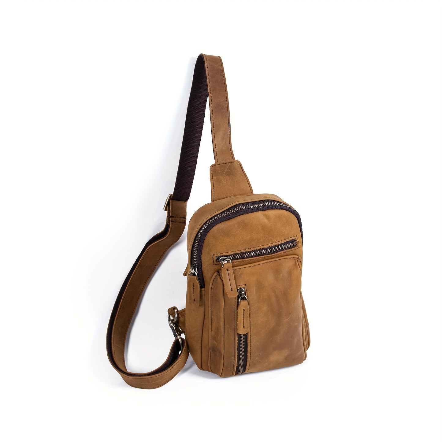 Men's Premium Crazy Horse Leather Sling Bag - Adjustable Crossbody Waist Pack with Multiple Compartments