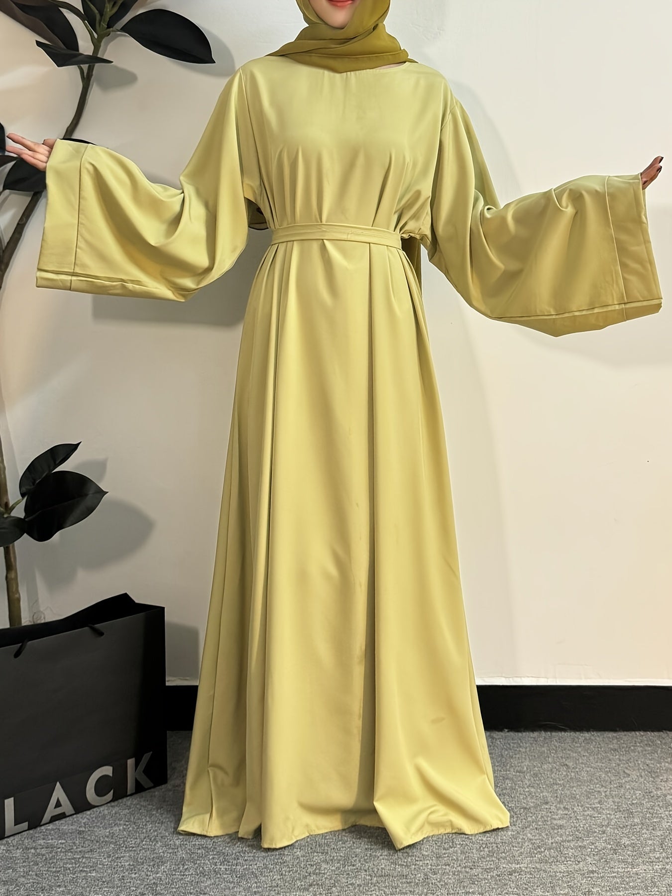 Women's Long Polyester Palestinian Abaya Kaftan with Belt - 100% Polyester, Solid Color, Regular Long Sleeve, Loose Fit, H-Contour, Woven, Non-Stretch, All Seasons, Full-Length Islamic Prayer Dress