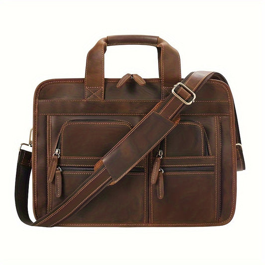 Leather Laptop Briefcase For Men, Retro Business Travel Messenger Bag, Large 15.6 Laptop Work Bag