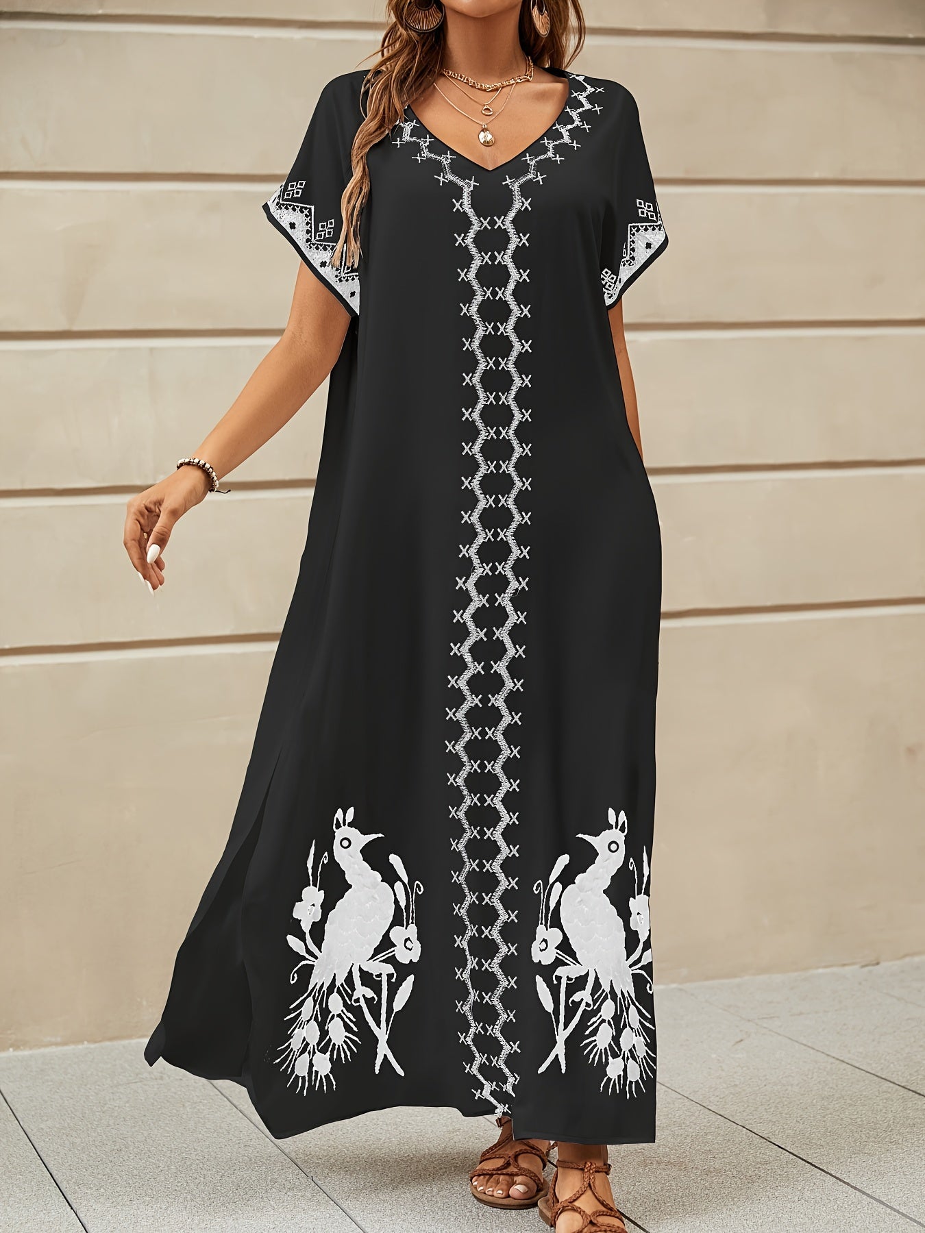 Embroidery Long Kaftans for Women Bathing Suit Cover Up V Neck Kaftan Loungewear Maxi Dresses Black