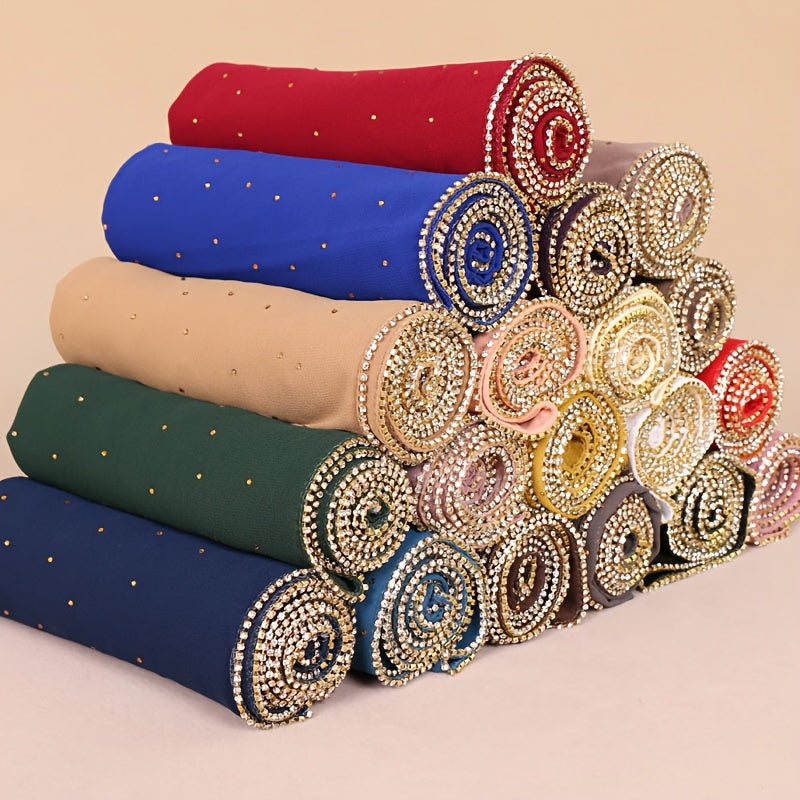 1pc Lightweight Breathable Chiffon Scarf with Sparkling Rhinestone Trim