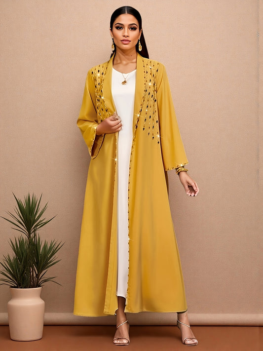 Women's Middle Eastern Abaya - Elegant Long Open Robe with Rhinestone Accents, Mustard-Yellow Islamic Dress for Weddings, Formal Events - Non-See-Through