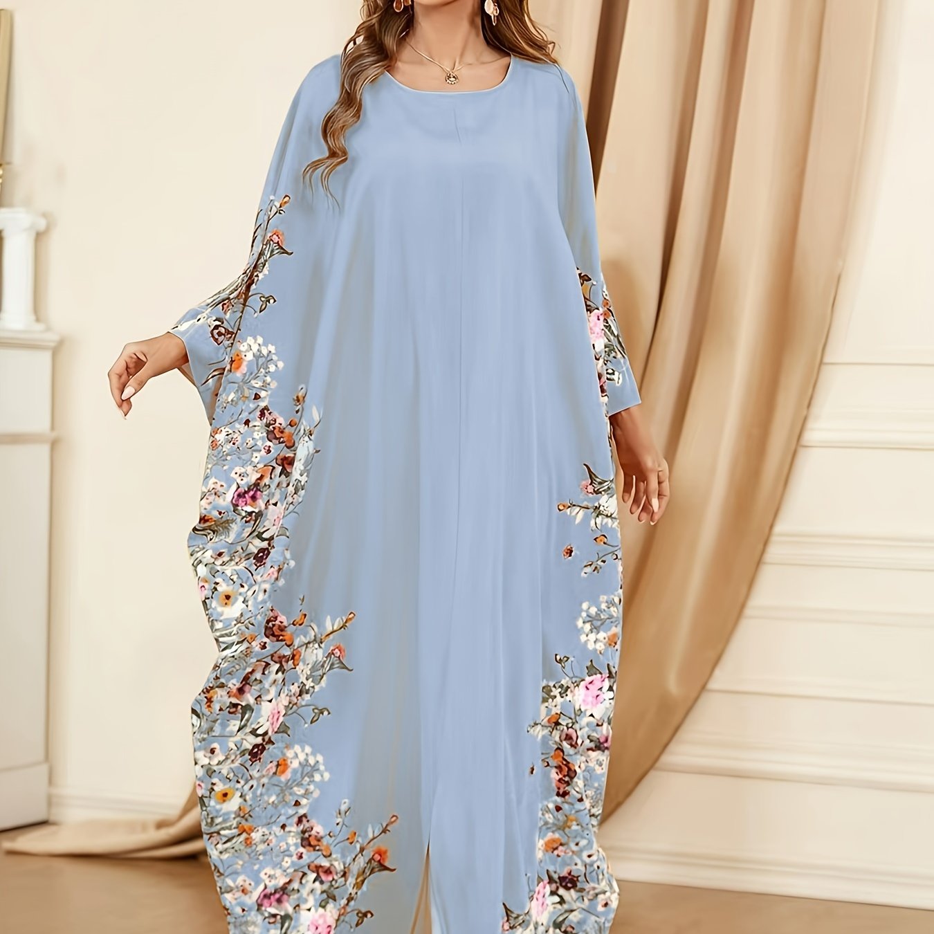 Floral Print Crew Neck Kaftan Abaya, Elegant Batwing Sleeve Split Maxi Dress, Women's Clothing