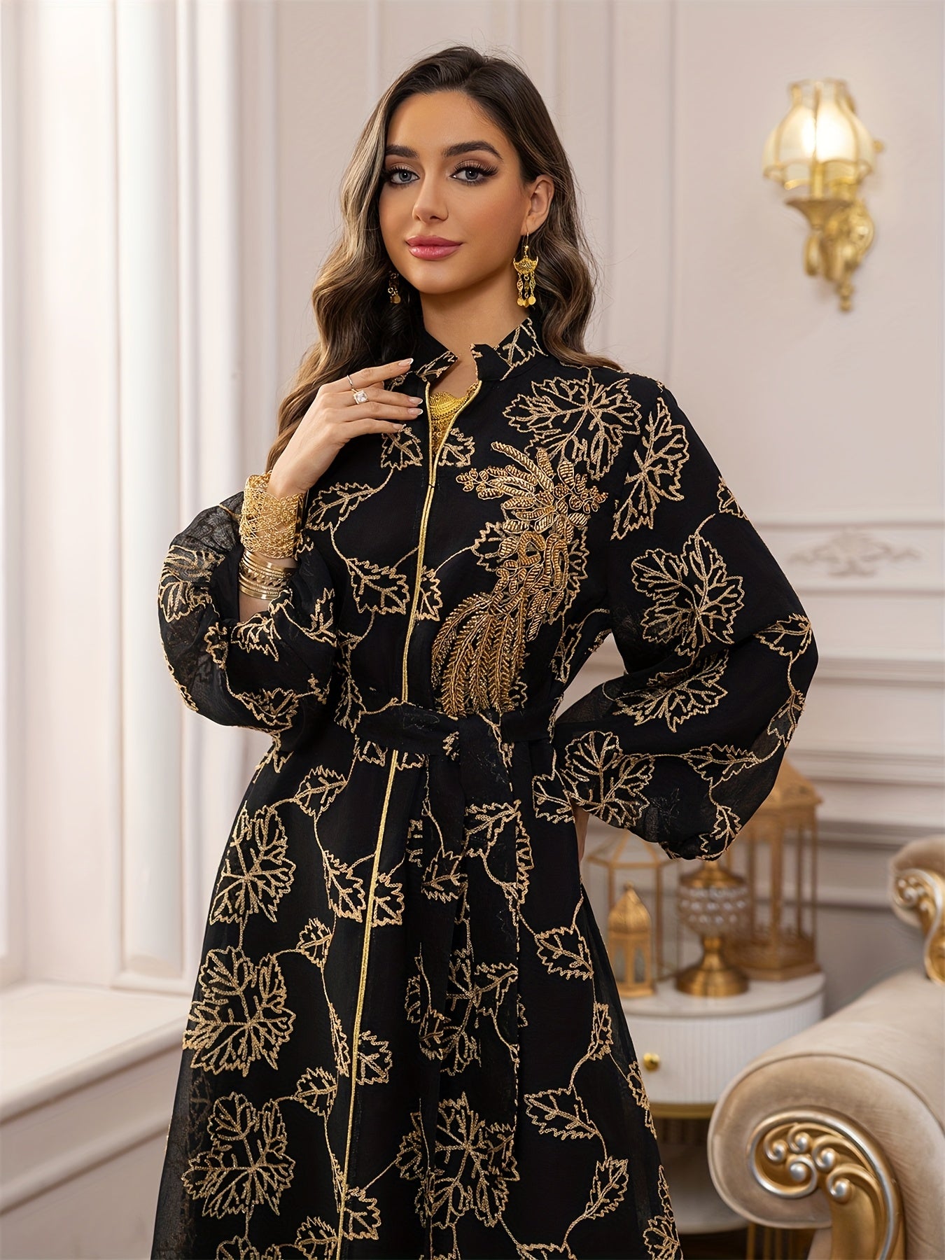 Dubai Floral Embroidery Belted Dress Belt included Lantern Sleeve Maxi Abaya Luxury Woman Evening Dresses Modern Kaftan 2025