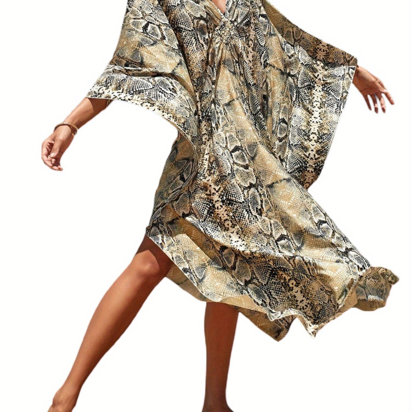 Women's Plus Size Viscose Kaftan Bikini Cover Up Dress - Casual V-Neck Long Sleeve Beach Sun Protection Smock with Random Print Design for Summer Outings, Casual Wear | Patterned Kaftan | Viscose Fabric