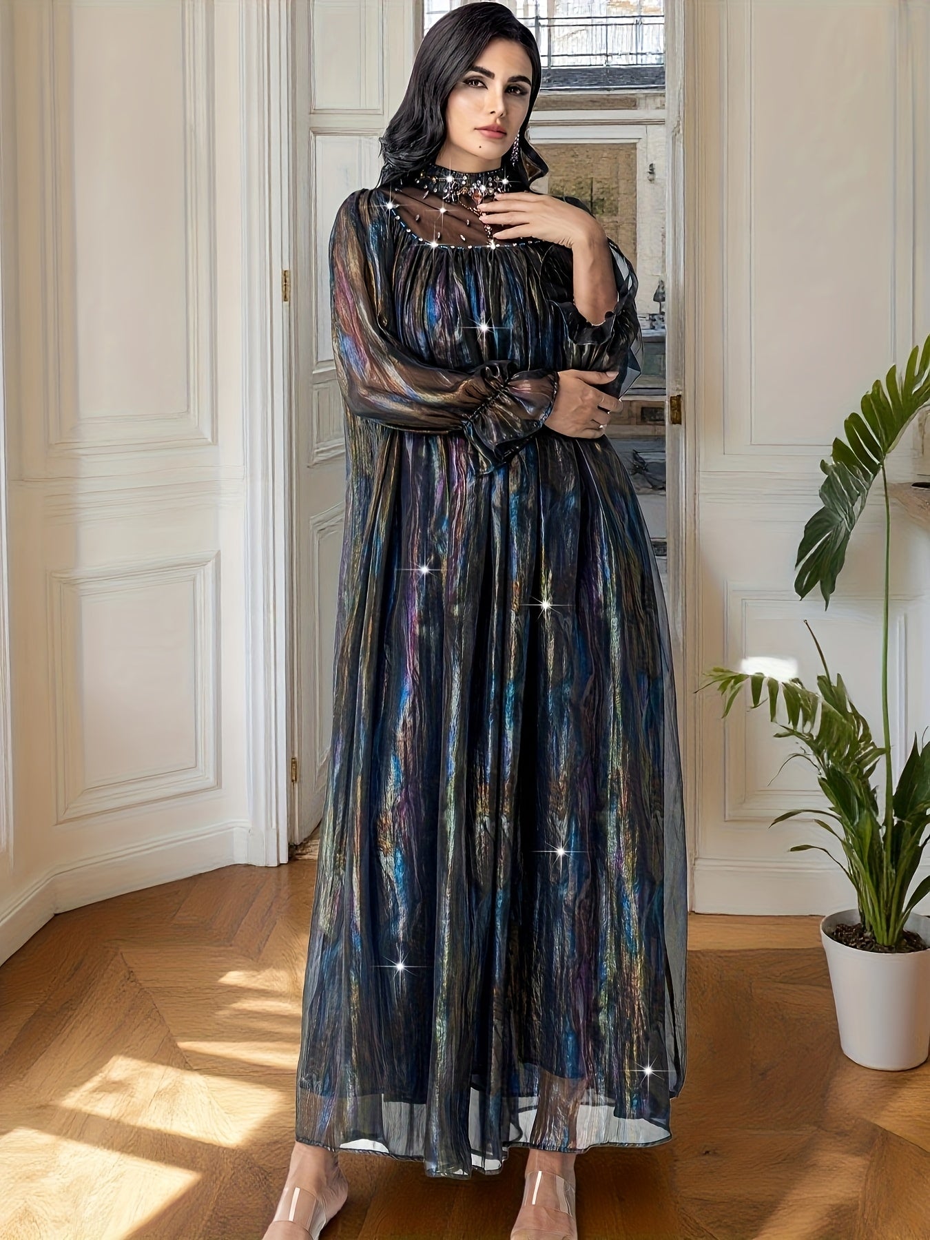Elegant Rhinestone-Embellished kaftan Abaya Dress with Iridescent Shimmering Fabric, Arabian-Inspired Lantern Sleeves & Long Train - Hand Wash Only Traditional Formal Wear for Weddings