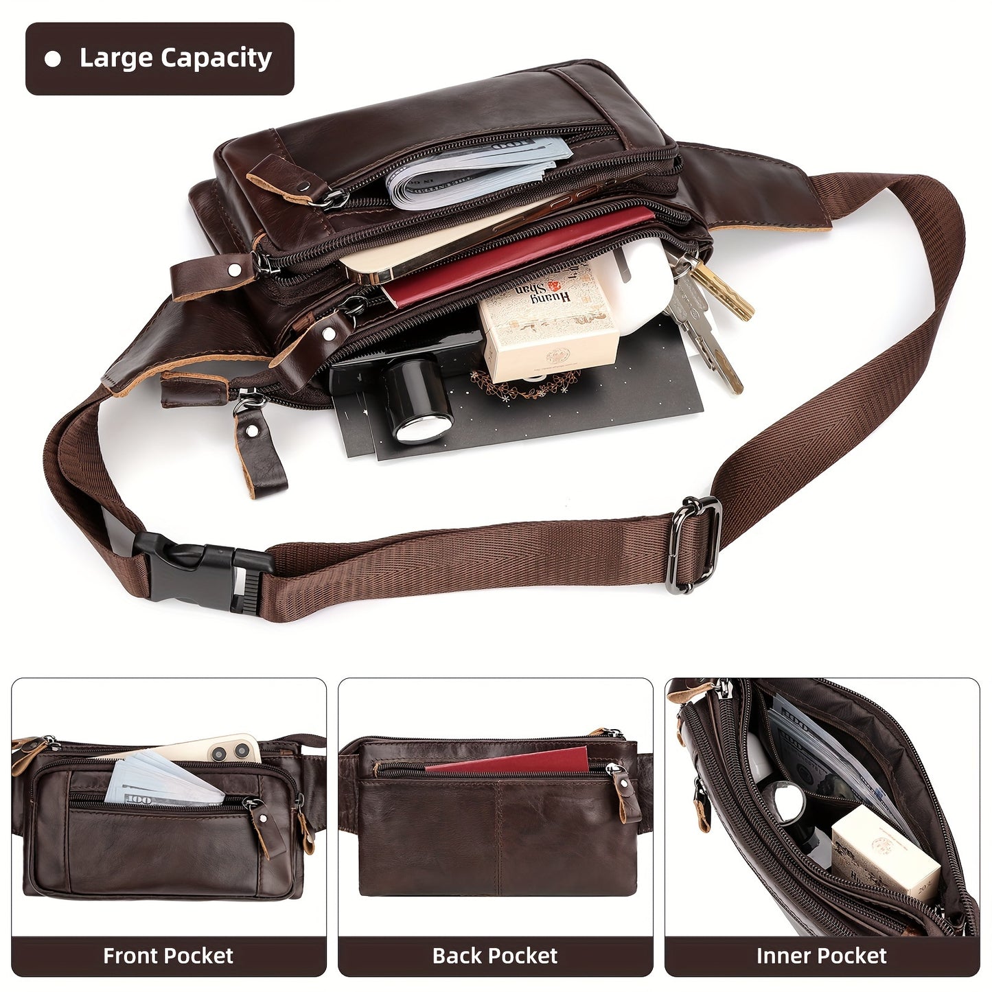 Genuine Leather Fanny Pack for Men & Women - Adjustable Crossbody Sling Bag with Multiple Zippered Compartments, Compact Chest Pack for Outdoor Travel