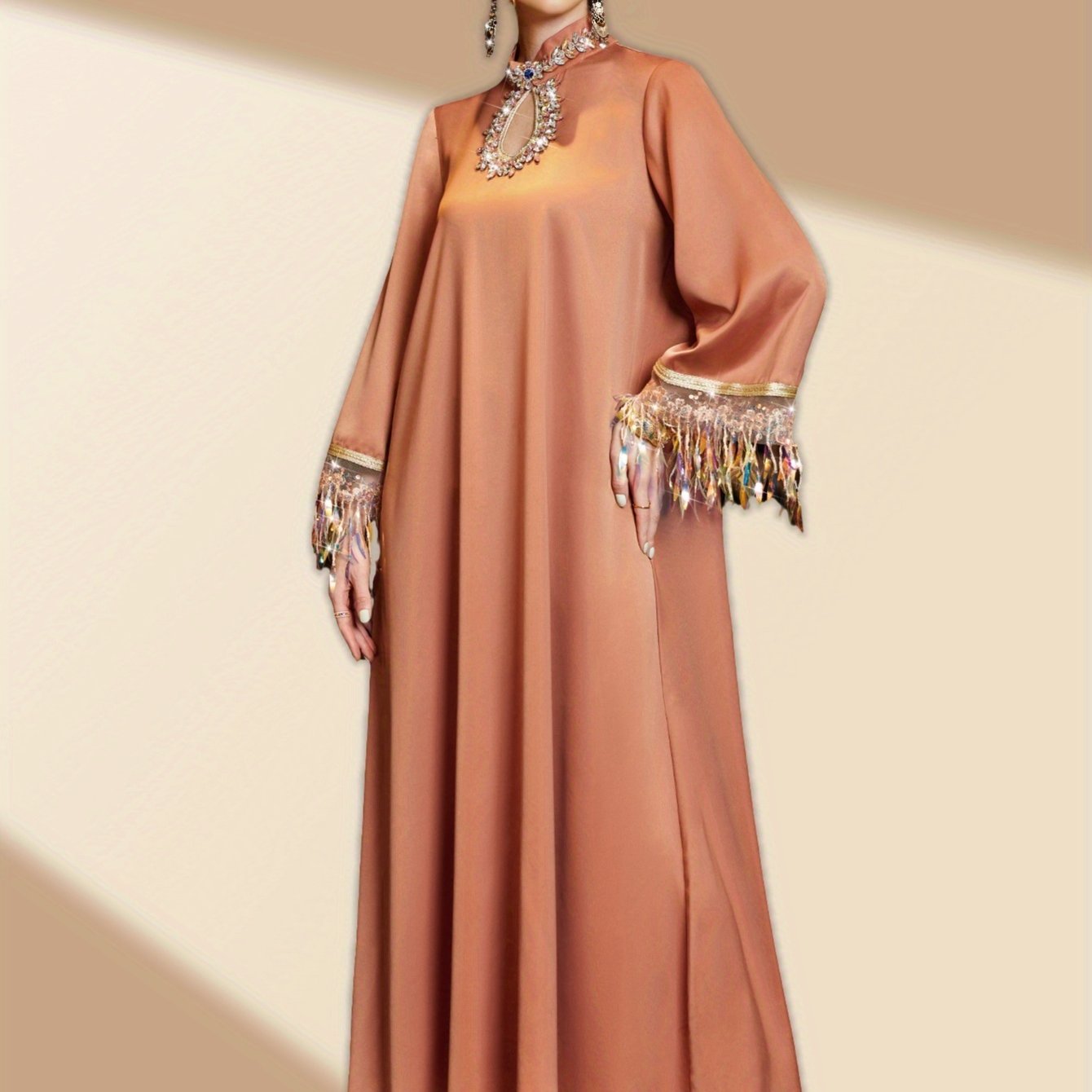 1pc Elegant Solid Color Polyester Maxi Dress with Rhinestone Detailing and Tassel Fringe, Long Sleeve Butterfly Abaya, Woven All-Season Gown
