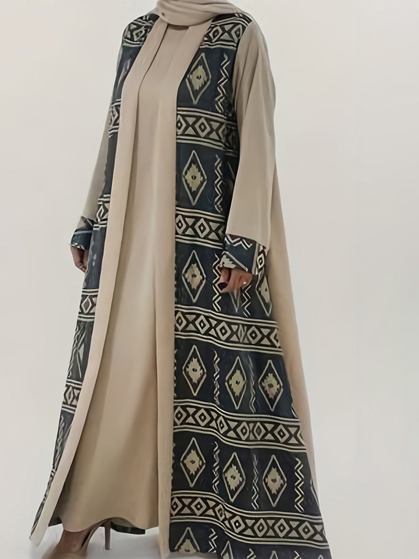 Women Abaya Burqa Long Loose Geometric Print Fake Two-Piece Long Sleeve Dress Middle Eastern Eid Clothes