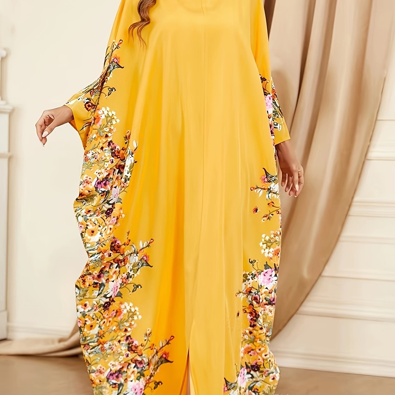 Floral Print Crew Neck Kaftan Abaya, Elegant Batwing Sleeve Split Maxi Dress, Women's Clothing