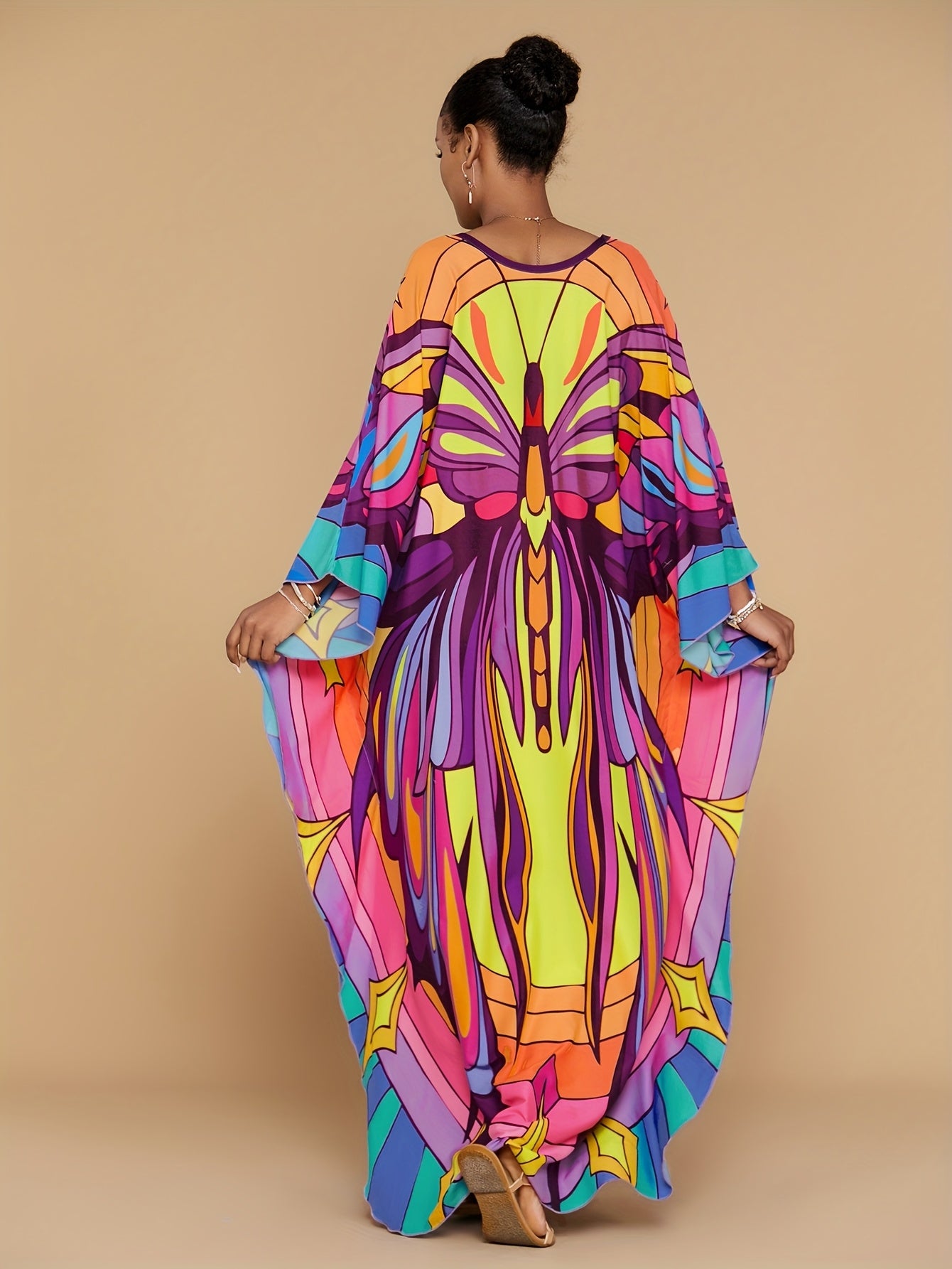 Plus Size - Maxi Dress - Vibrant Butterfly Abaya Cover Up, V-Neck Batwing Sleeve Tunic with Asymmetrical Hem, Loose Fit Long Beach Dress for Women, Spring Summer Fall Casual Outings, Beach Dress