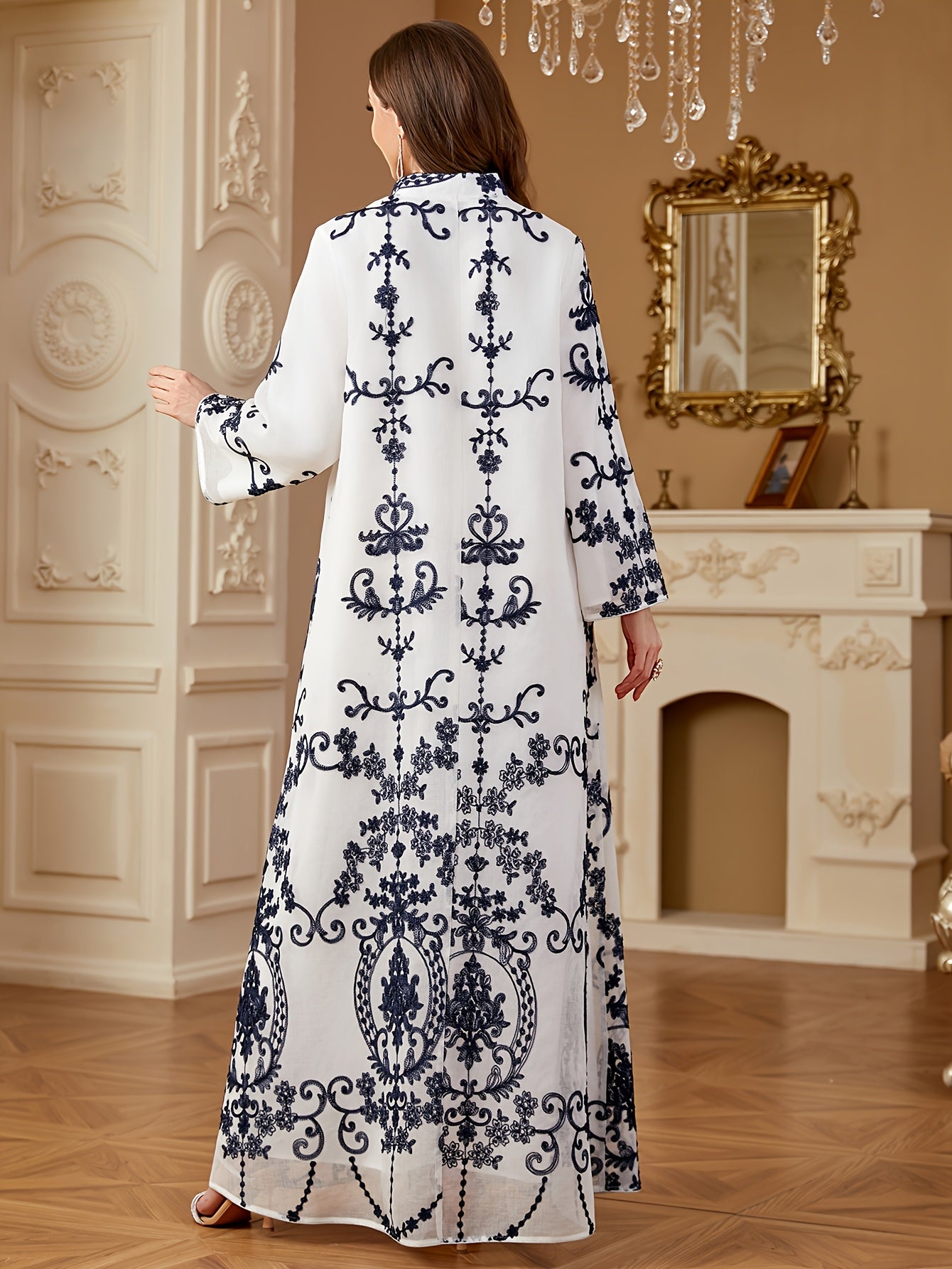 Elegant Blue & White Floral Embroidered Sequin Long Sleeve Maxi Kaftan Abaya - Stand Collar, Polyester, Machine Washable, All-Season Wear for Women
