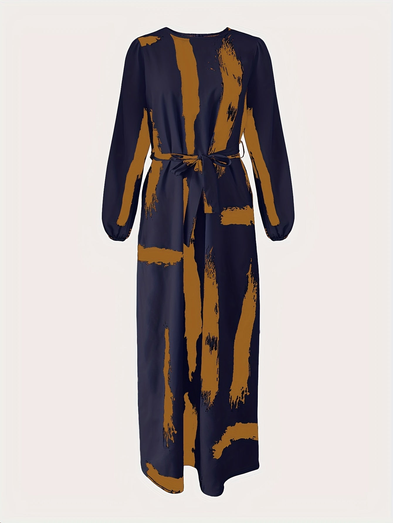 Navy Blue & Orange Print Women's Arabic Traditional Kaftan Abaya Dress | Long Sleeve Knee-Length Machine Washable Fitted Silhouette for Modest All-Season Wear, Middle Eastern Attire