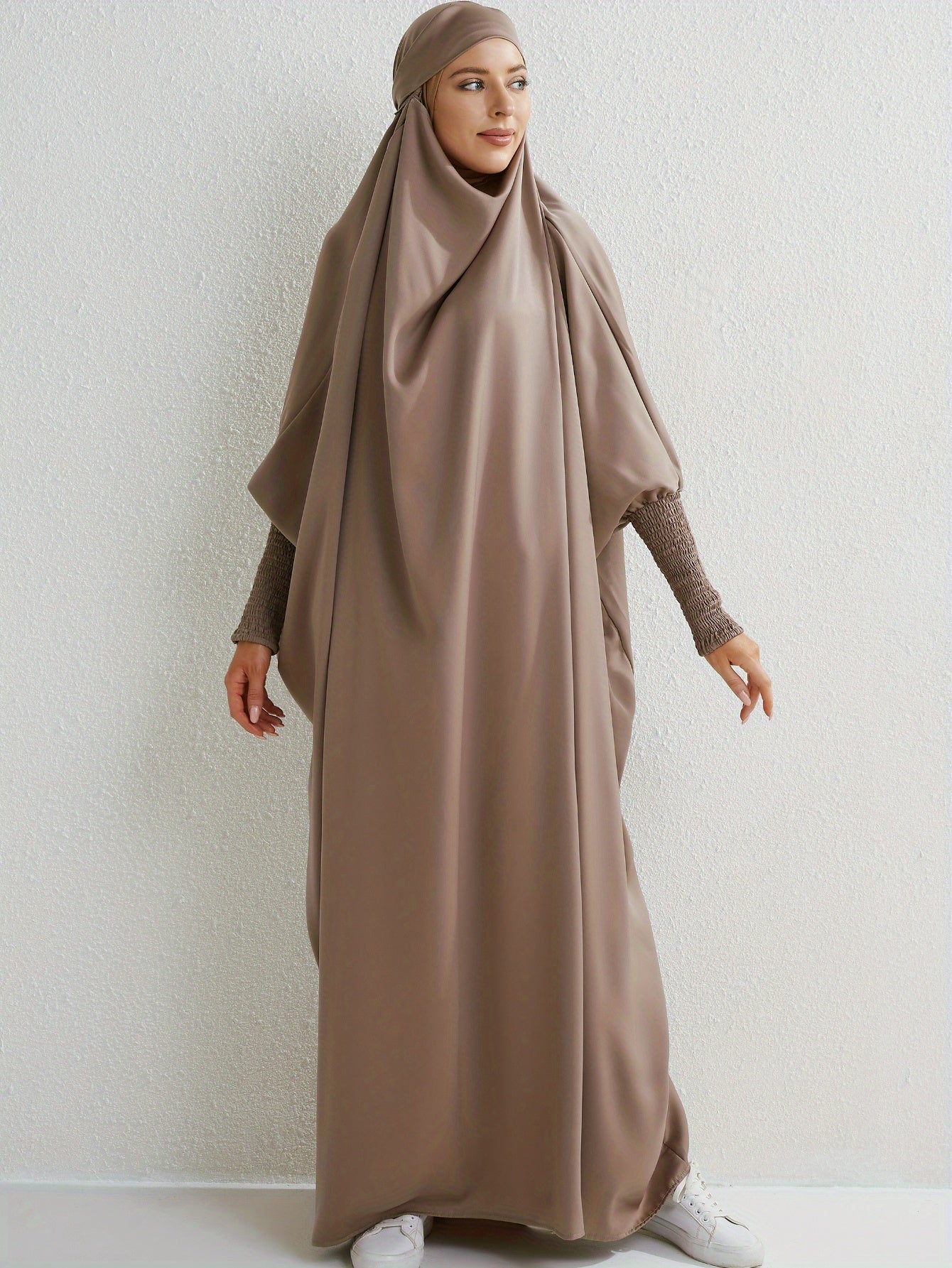 Elegant Loose-Fit Abaya Robe with Built-In Headscarf - Modest Ramadan Prayer Dress, Long Sleeve Butterfly Cuff Traditional Middle Eastern Full-Length Cover Dress, Solid Color Machine Washable, Religious Attire, Allseason Wear
