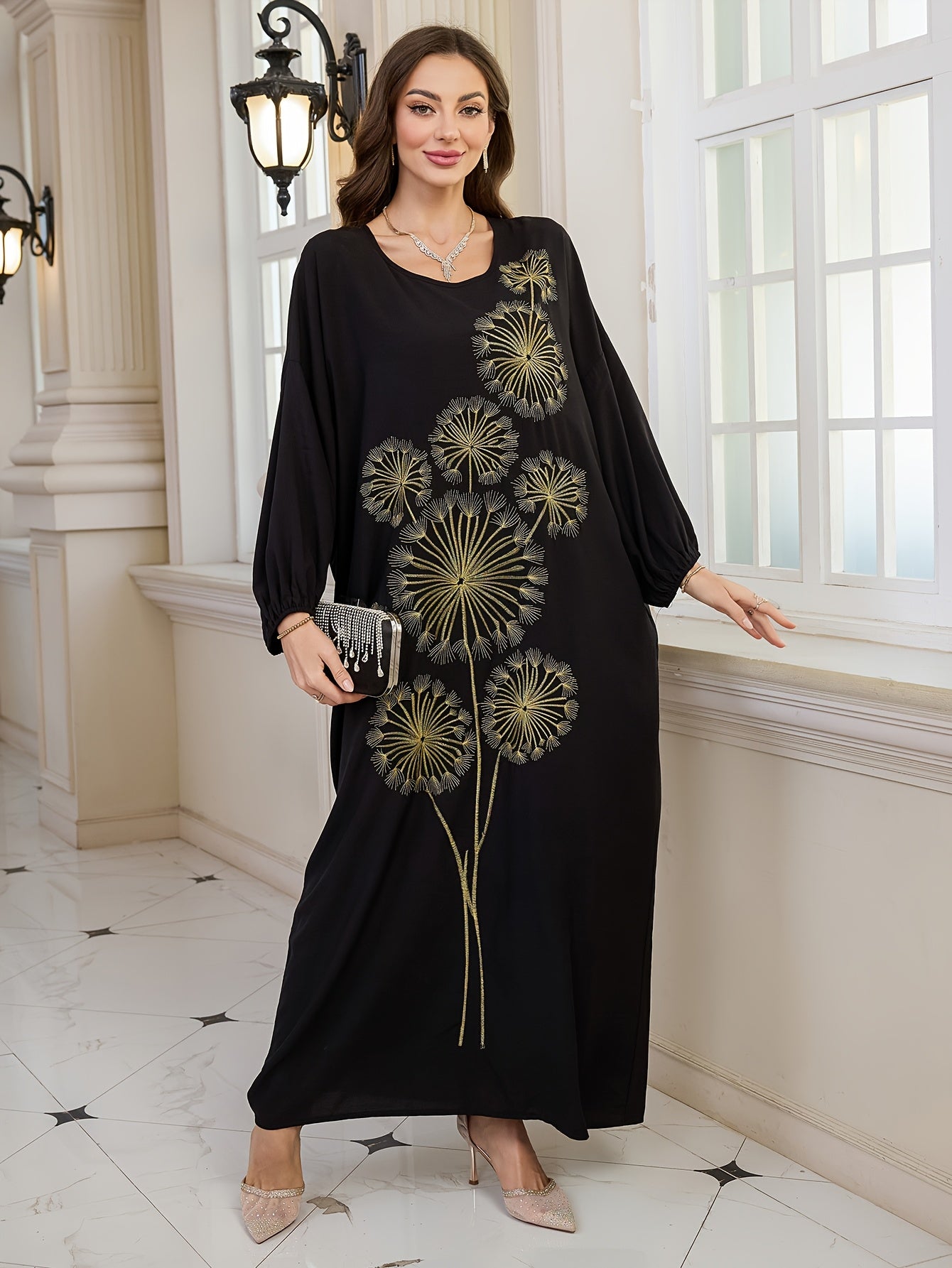 Plus Size, Women's Elegant Dandelion Embroidered Beach Cover-Up Robe Dress - Long Sleeve Loose Fit, Plus Size Black with Golden Floral Print, Lantern Sleeves & Long Length for Vacation, Poolside, Casual Outings, Beach Dress