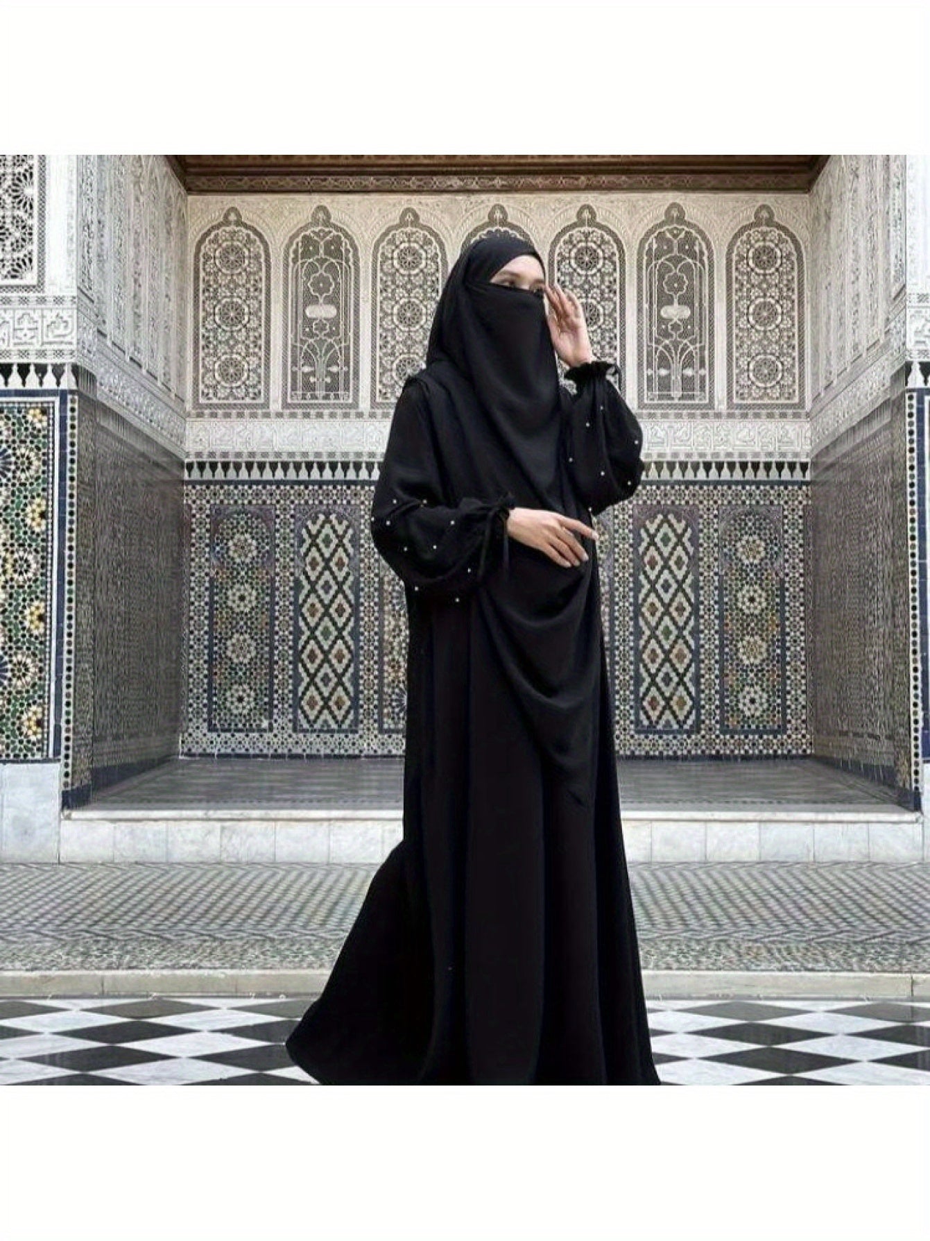 New Cross-Border Middle East Solid Color Women's Robe Pearl Sleeves Jilbaab Dress Abaya Two-Piece Set Long Headscarf P555