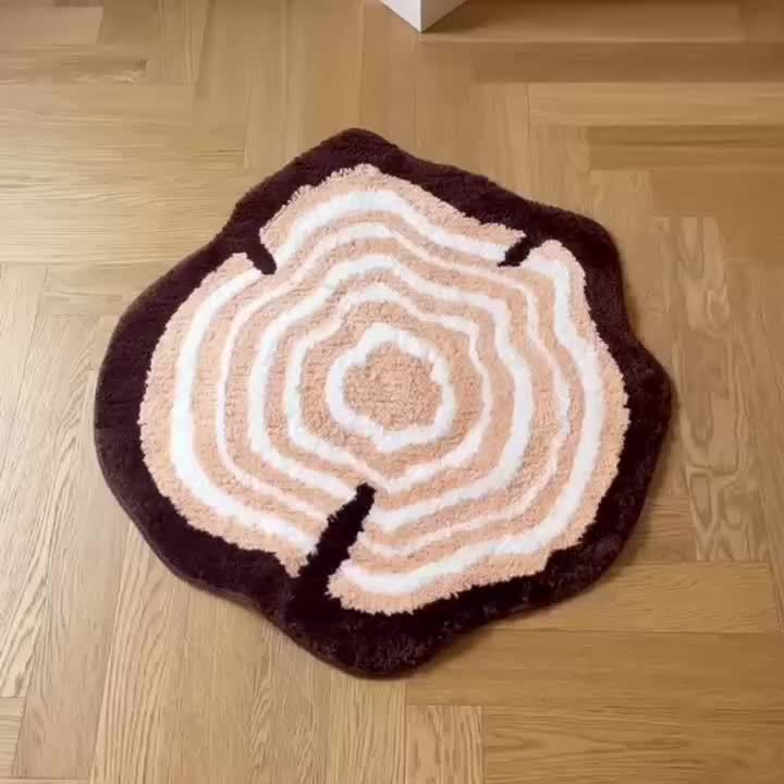 Plush Tufted Area Mat - Thick & Soft Non-Slip TPR Backing, Brown Tree Stump Design with White & Beige Patterns, Unique Circular Shape, Machine Washable for Bedroom, Living Room, Rugs for Bathroom