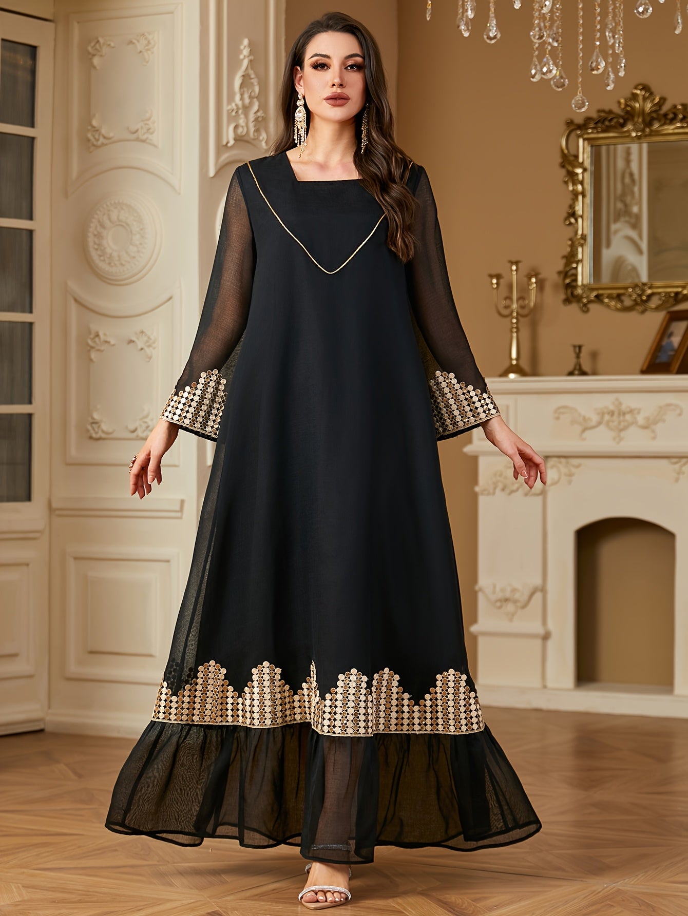 Elegant Black Square Neck Long Sleeve A-Line Modern Abaya with Golden Embroidery & Belt Accents - Machine Washable Formal & Casual All-Season Wear, Chic Dress, Evening Wear