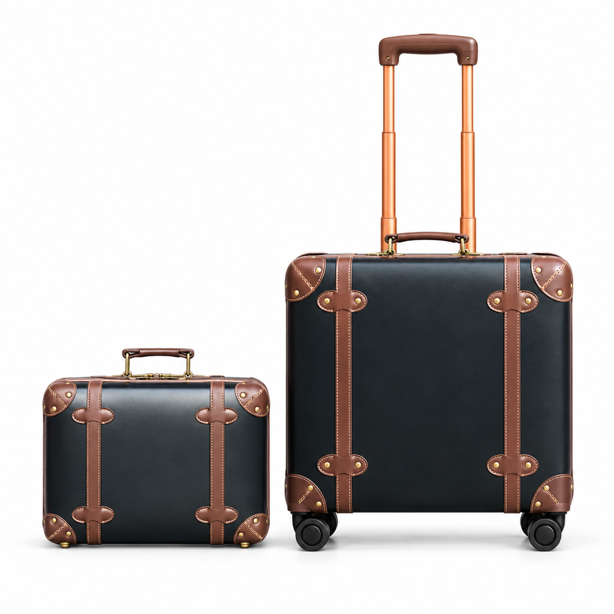 Vintage Black Brown Leather Trolley Luggage Set