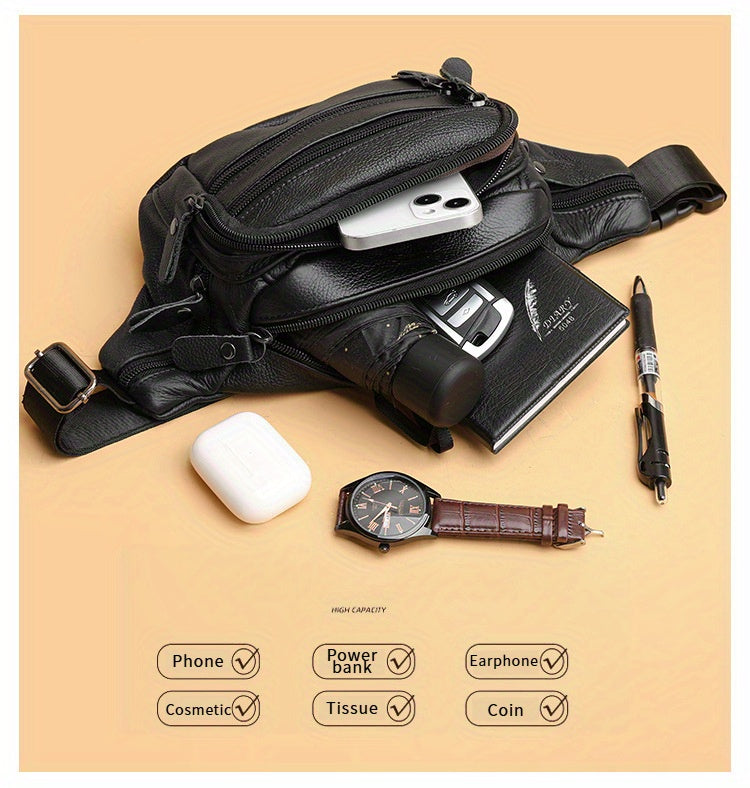 Genuine Leather Men's High Quality Adjustable Sling Bag - Large Capacity Multi-Compartment Chest Pack for Sports, Running, Gym & Street Style (Black), Chest Crossbody Bag