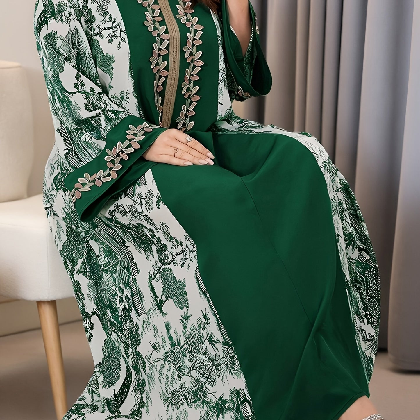 Plus Size, 2025 new landscape print decoration three-dimensional lace Middle Eastern hooded long loose large size Palestinian Abaya