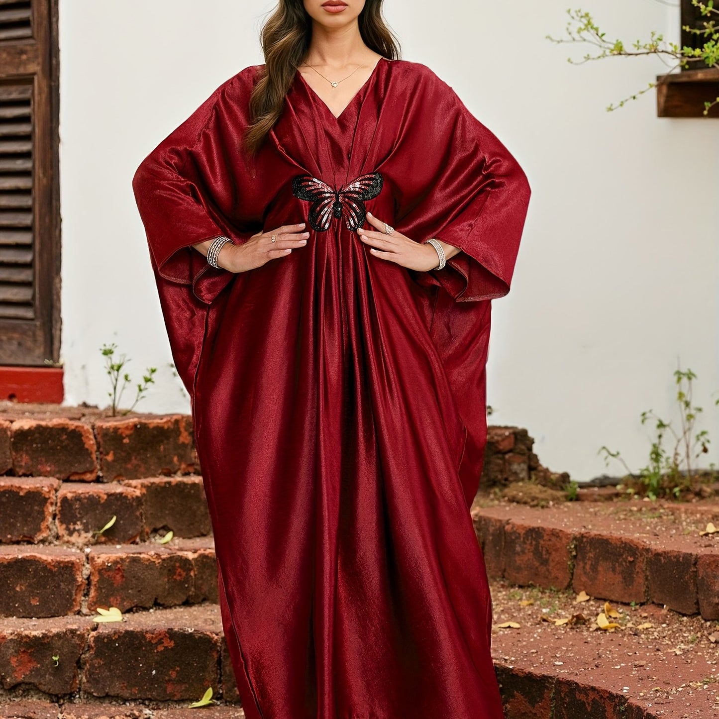 Elegant Red V-Neck Turkish Kaftan Dress with Butterfly Sequin Embroidery & Ruched Hem - Long Sleeve Loose Fit Middle Eastern Abaya for Women, Summer Coverup