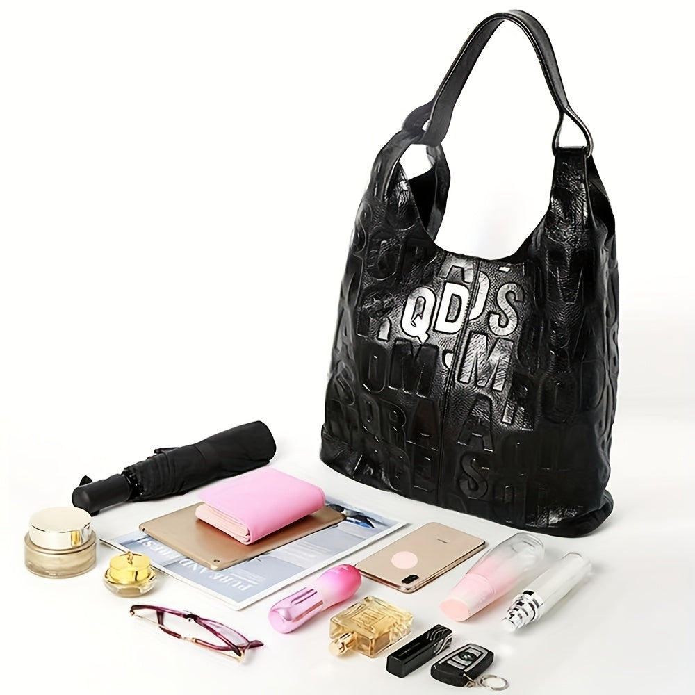 Black Cowhide Handbag, Large Capacity Messenger Bag Waterproof, Commuting Style Leather Tote Bag