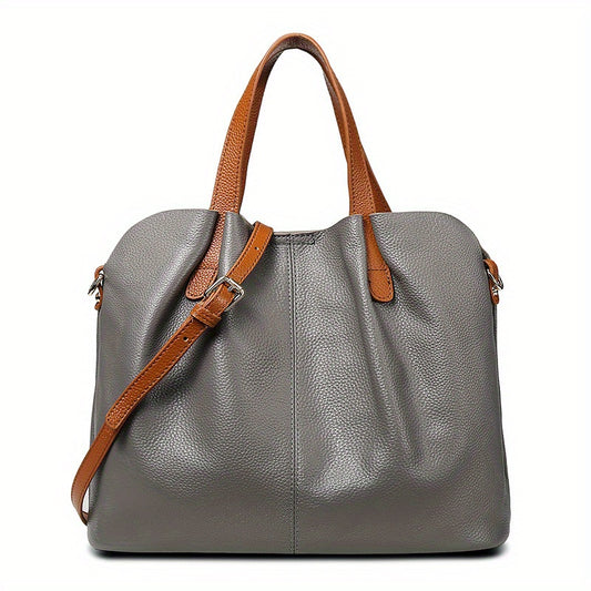 Women's Genuine Leather Tote Bag - Large Capacity Convertible Crossbody/Handbag with Contrasting Brown Accents
