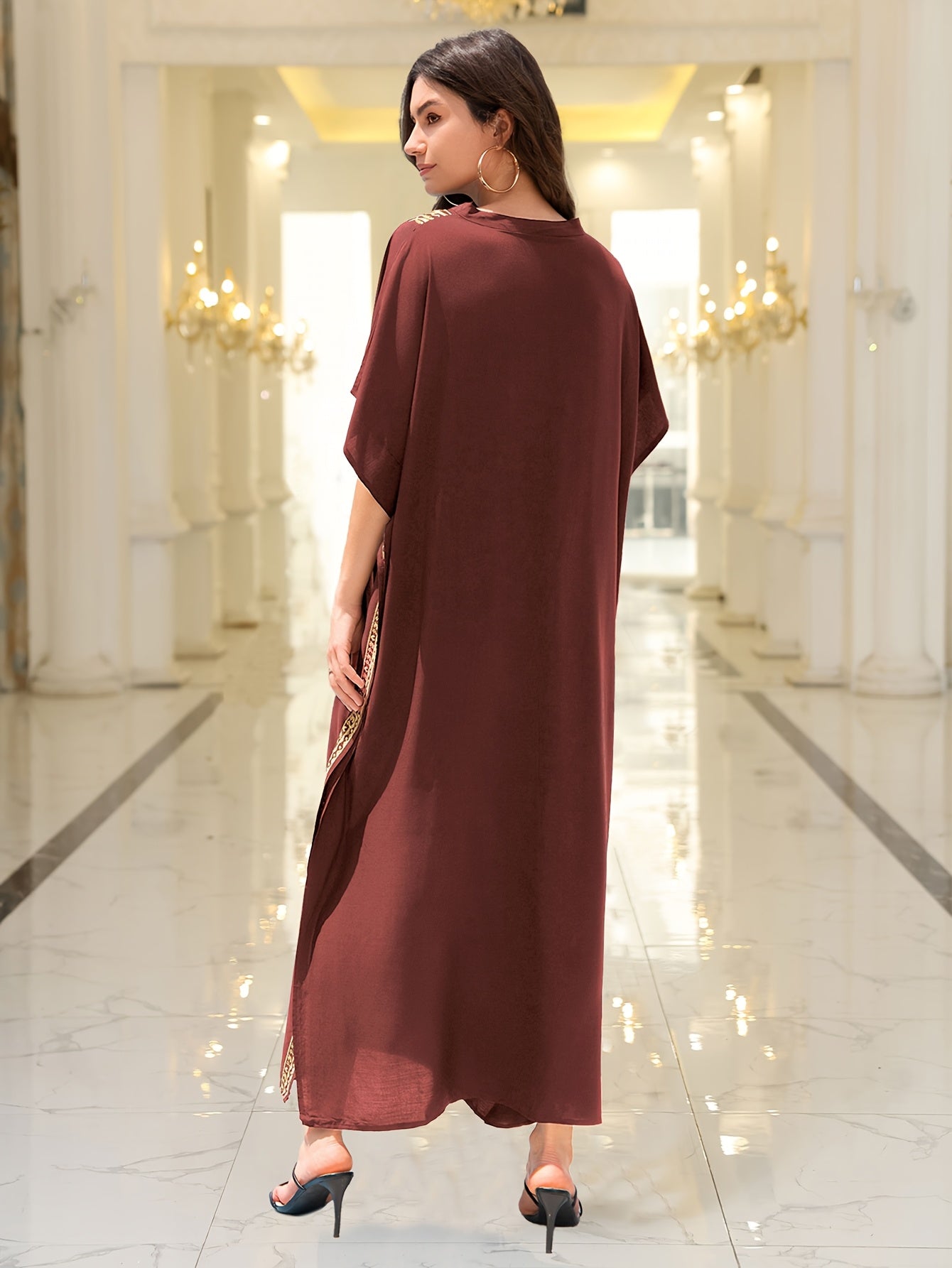 Long Robe Golden Embroidered Vacation Robe Kaftan Dress V-neck Beach Cover Shirt Kaftan