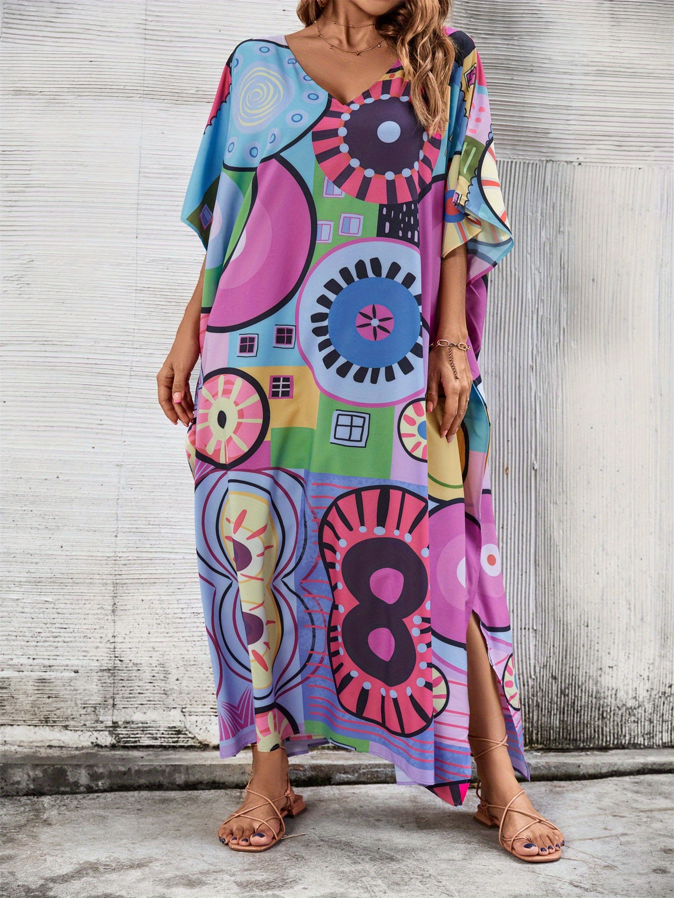 Plus Size Boho Chic Tropical Print Beach Kaftan - V-Neck, Batwing Sleeve Cover Up with Side Slit - Vibrant Geometric & Floral Design in Blue, Green, Pink & Purple - Perfect for Summer Vacations & Resort Wear, Bohemian Clothing