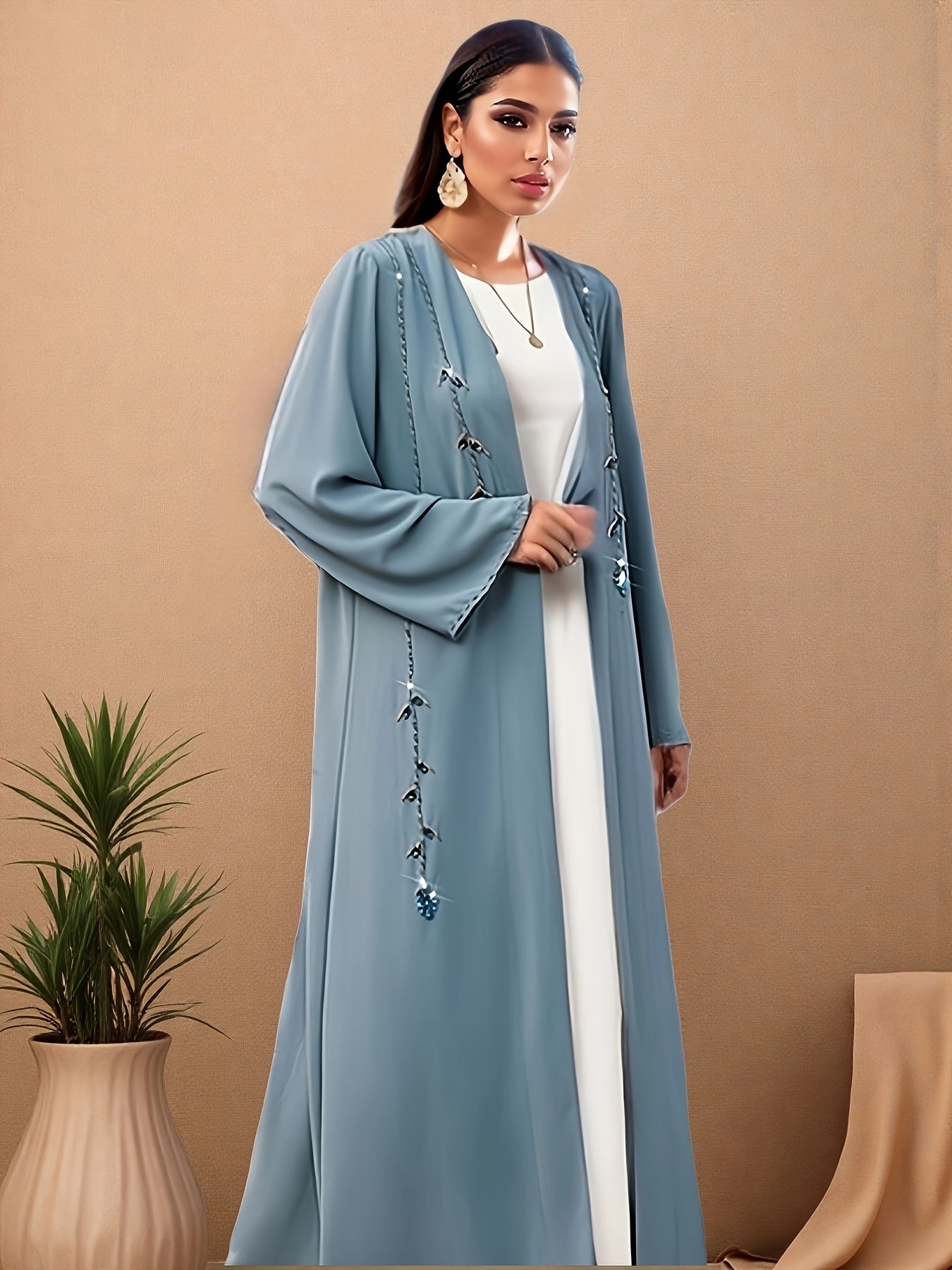 Women's Handmade Blue Rhinestone Abaya Dress - Long Sleeve, Open Front, Lightweight Summer Dress with Intricate Patterns, Perfect for Casual or Cultural Wear, Cultural Attire