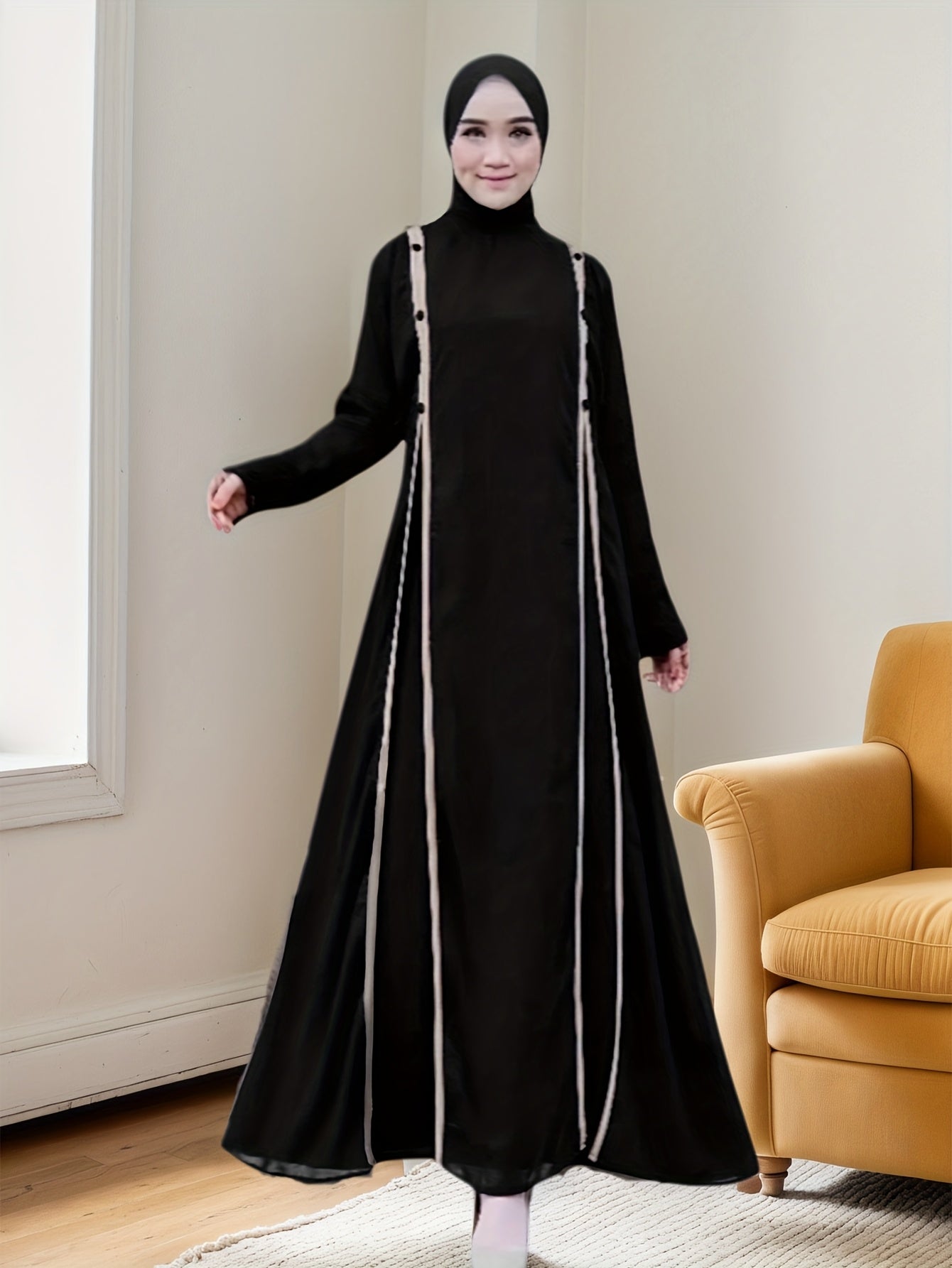 Women's Elegant Loose-Fit Long Sleeve Arabic Abaya with Adjustable Waist Belt - Solid Black Casual to Formal All-Season Machine Washable Traditional Attire, Modest Apparel, No Stretch Fabric