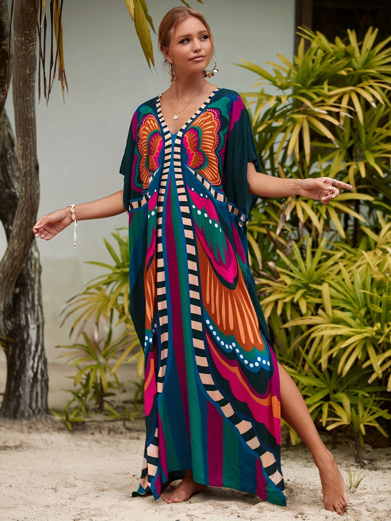 Women's Boho Maxi Kaftan Dress, V-Neck Long Dress Swimsuit Cover-Up, Casual Plus-Size Beachwear For Summer Vacation