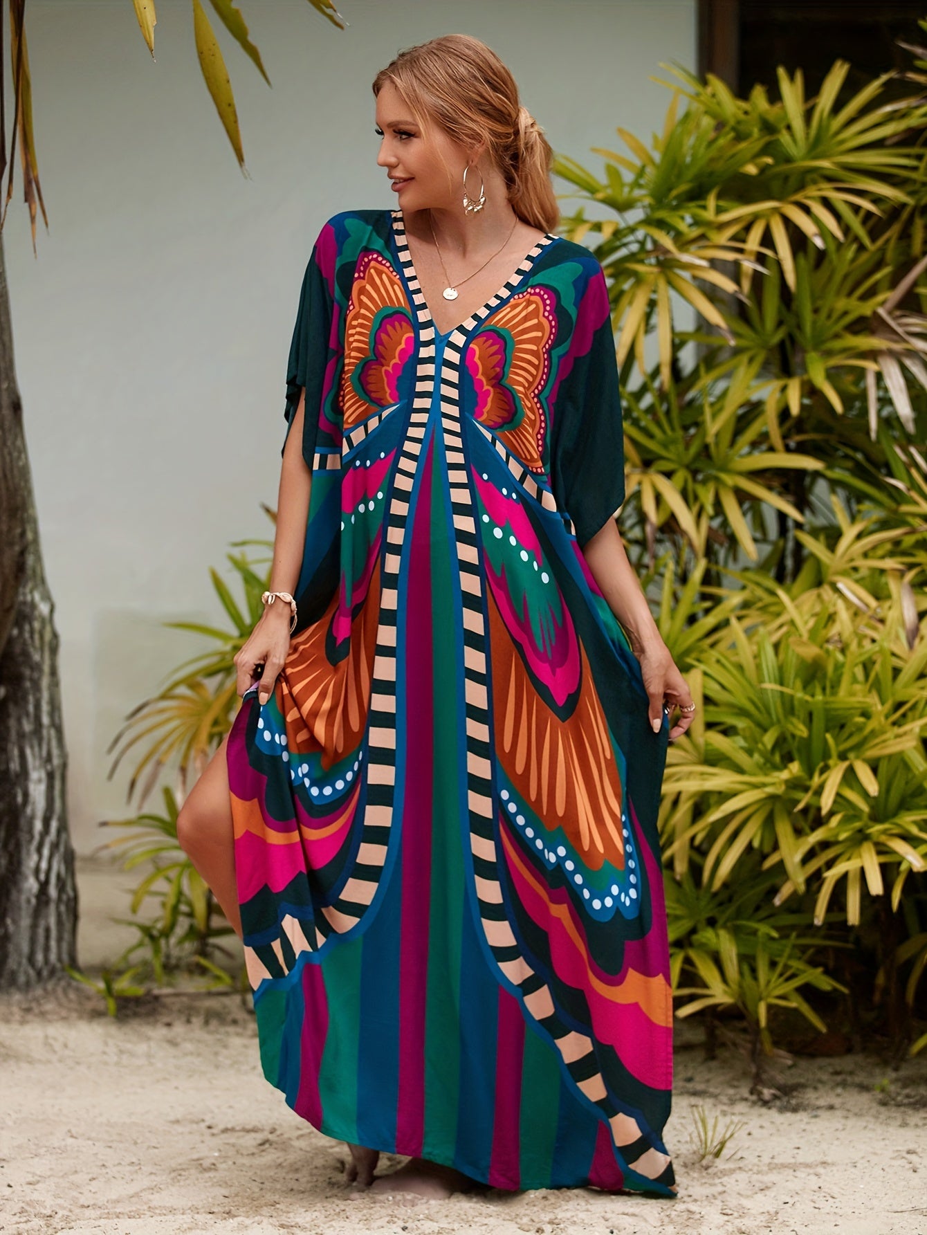 Women's Boho Maxi Kaftan Dress, V-Neck Long Dress Swimsuit Cover-Up, Casual Plus-Size Beachwear For Summer Vacation