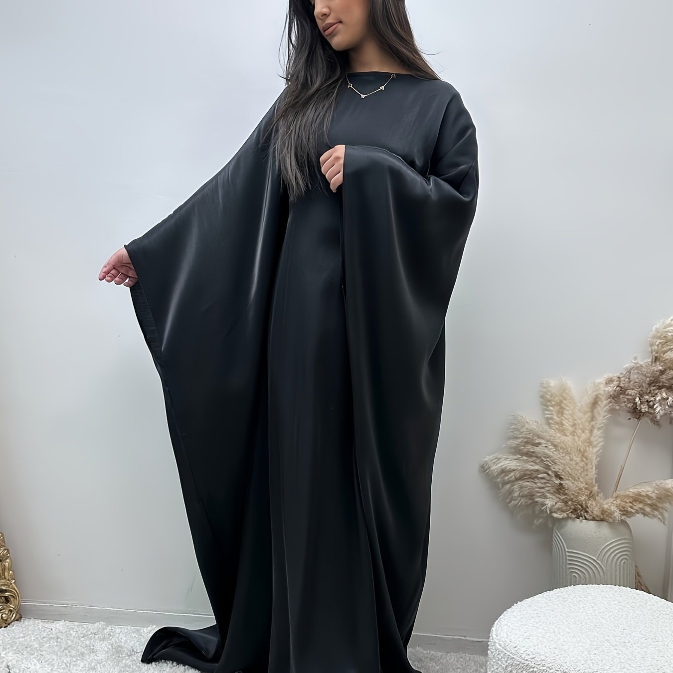 Women's Modest Arabic Abaya Robe Dress - Long Sleeve Asymmetrical Hem Shiny Fabric Cover-Up, Machine Washable All-Season Versatile for Parties Daily Outings, Solid Color Traditional Attire