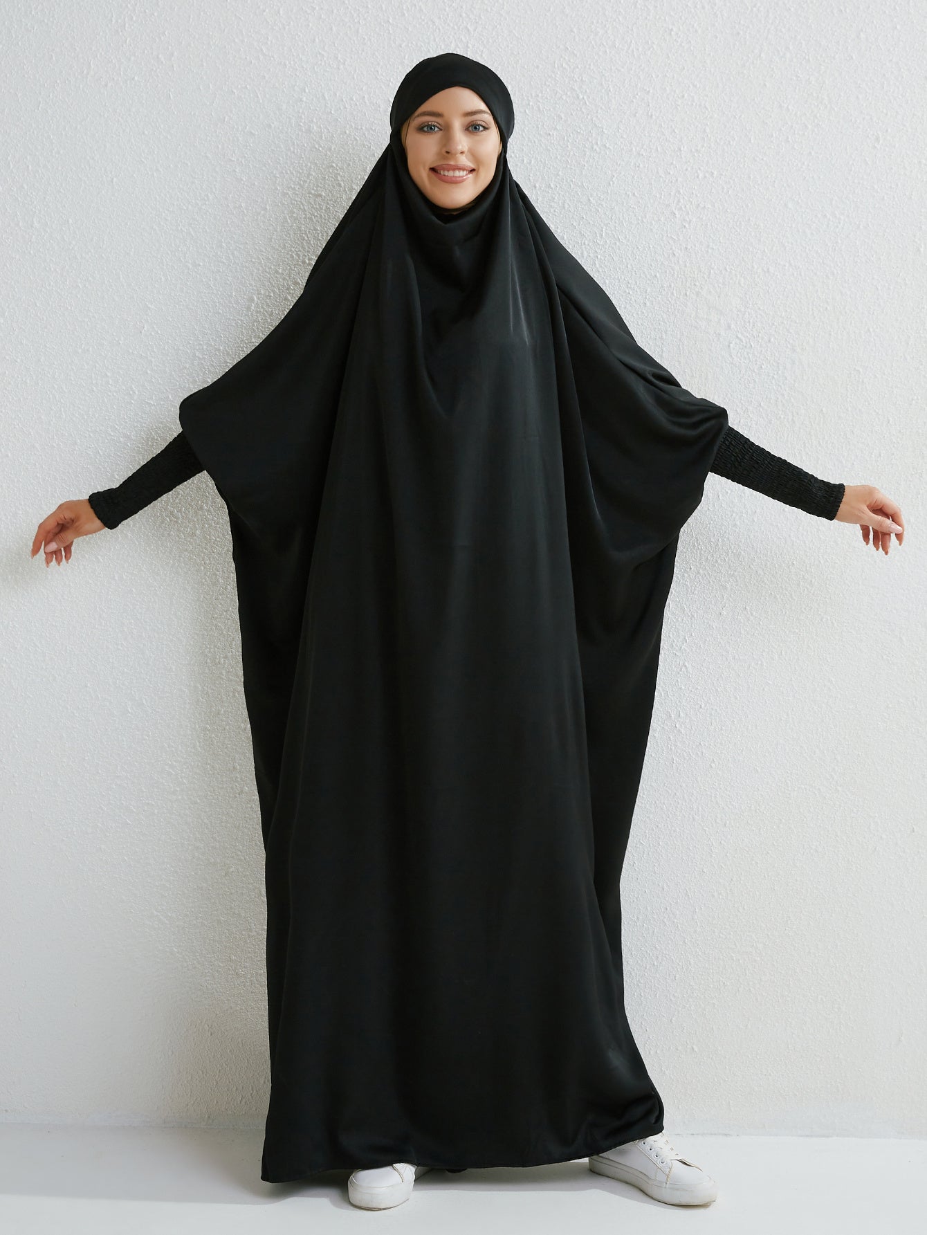 Elegant Loose-Fit Abaya Robe with Built-In Headscarf - Modest Ramadan Prayer Dress, Long Sleeve Butterfly Cuff Traditional Middle Eastern Full-Length Cover Dress, Solid Color Machine Washable, Religious Attire, Allseason Wear