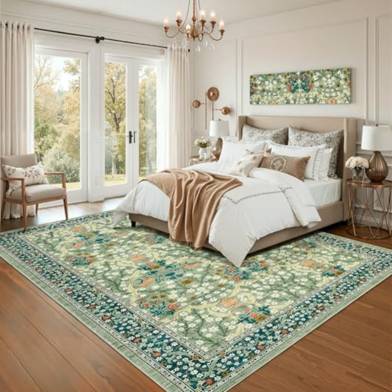 Floral Area Rugs, Sage Green Washable Rug for Living Room Bedroom Low Pile Non Slip Stain Resistance Indoor Boho Arabian Carpet Mat for Farmhouse Dining Room Office