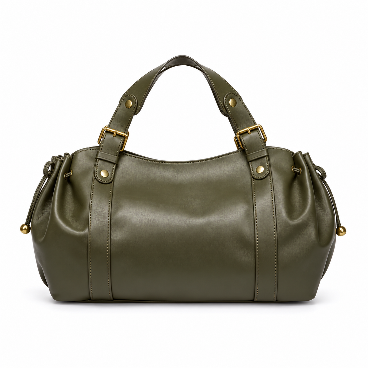Olive Green Buckle Handle Barrel Handbag