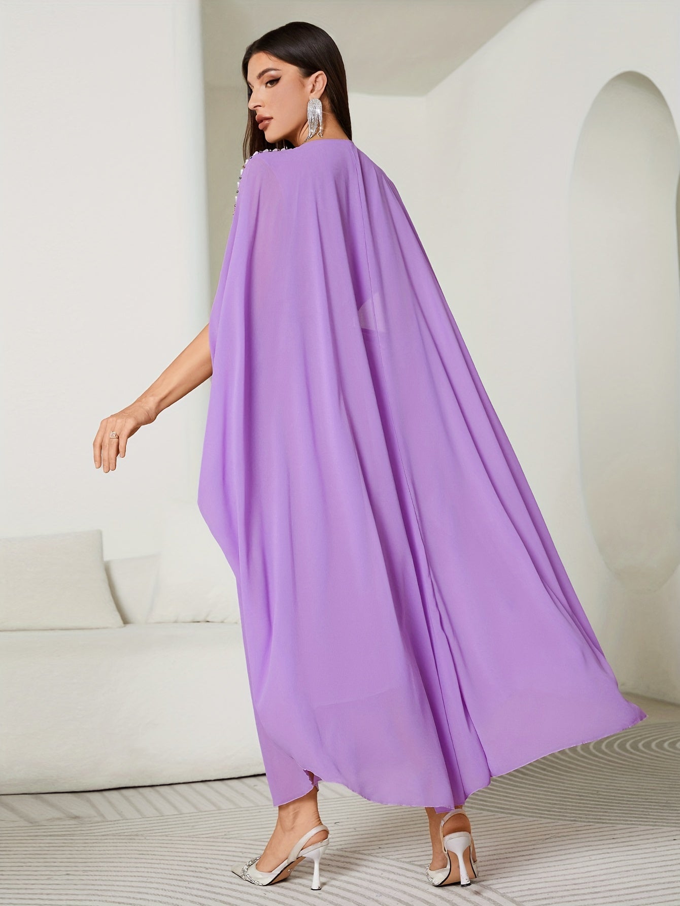 1pc Elegant Off-Shoulder Maxi Modern Abaya with Handcrafted Pearl Embellishments, Solid Color Polyester, All-Season Woven Gown with Large Flounce Sleeves