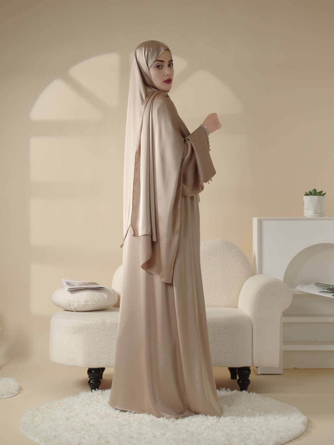 4pcs Satin Diamond Tassel Emirati Abaya Set Eid Al Adha, Abaya Muslim Women's Ramadan Iftar Eid Al Adha Iftar Holy Commemoration Prayer Garment Long Robe Gown Global Spring Summer