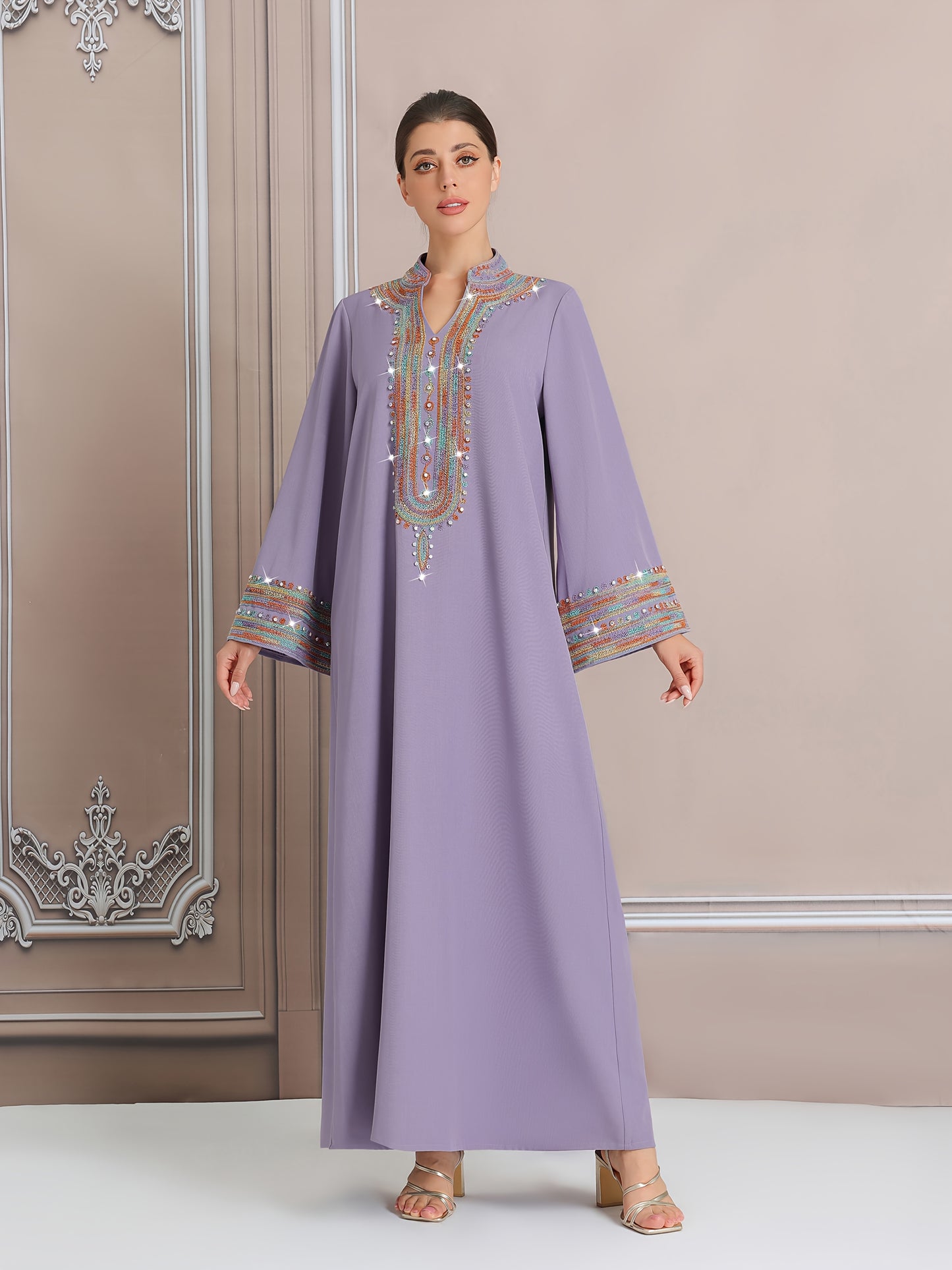 Women's Embroidered Long Kaftan Modern Abaya, Polyester 100% Regular Sleeve, All Season, Woven, 260g/m² Fabric Weight, Tribal Pattern, No Belt, Regular Fit