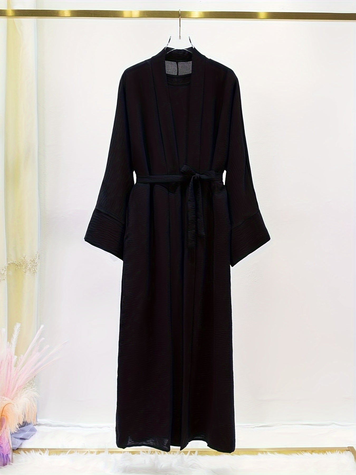 Ramadan Solid Color Modest Pakistani Abaya Set, Casual Crew Neck Sleeveless Tank Dress & Open Front Long Sleeve Tie Cardigan Outfits, Women's Clothing