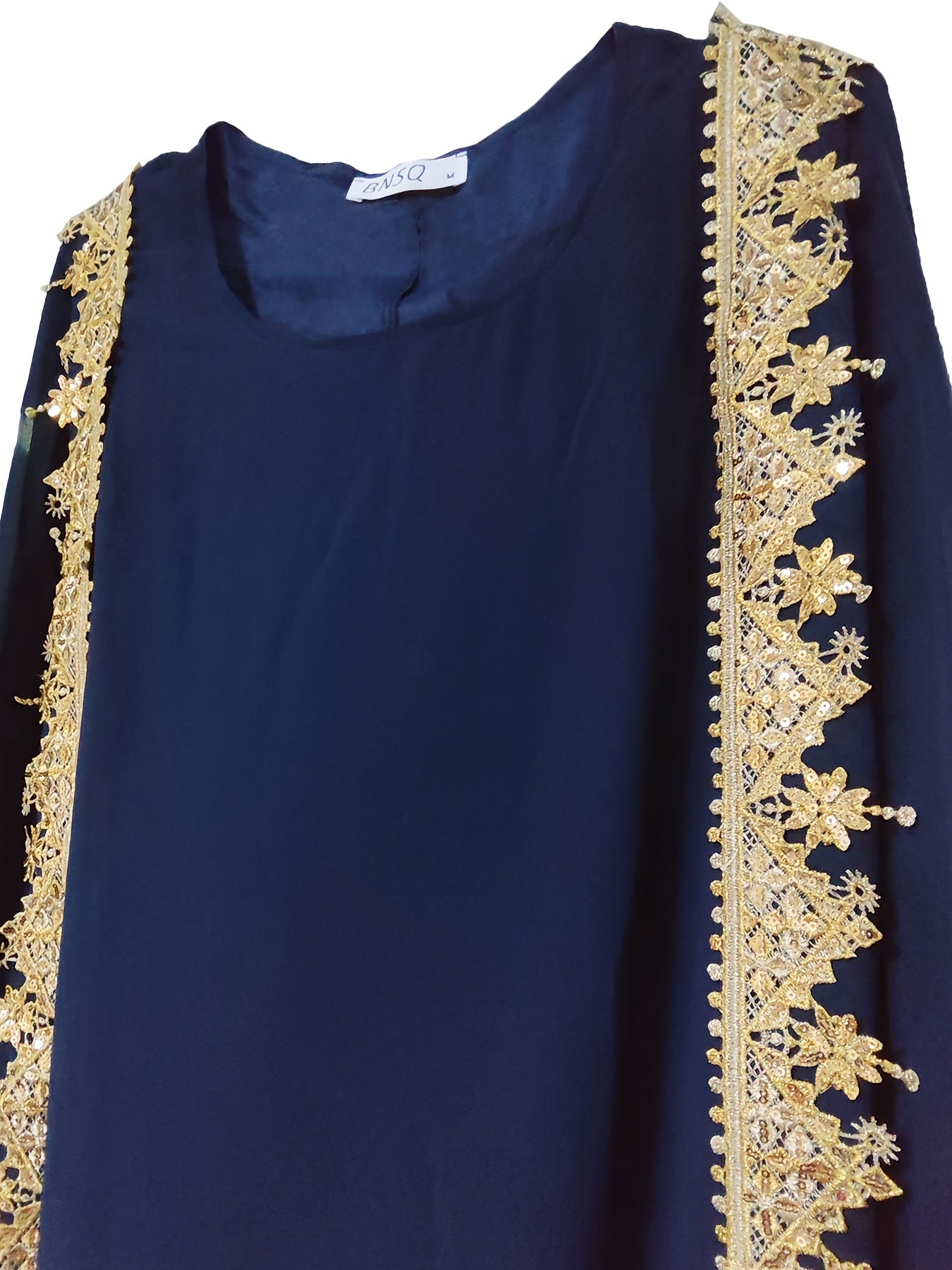 Middle Eastern-Inspired Emerald Green Sequin-Trimmed Lace Embroidery Robe Modern Abaya - Long Sleeve A-Line Gown with Golden Accents, Machine Washable Formal & Casual Wear