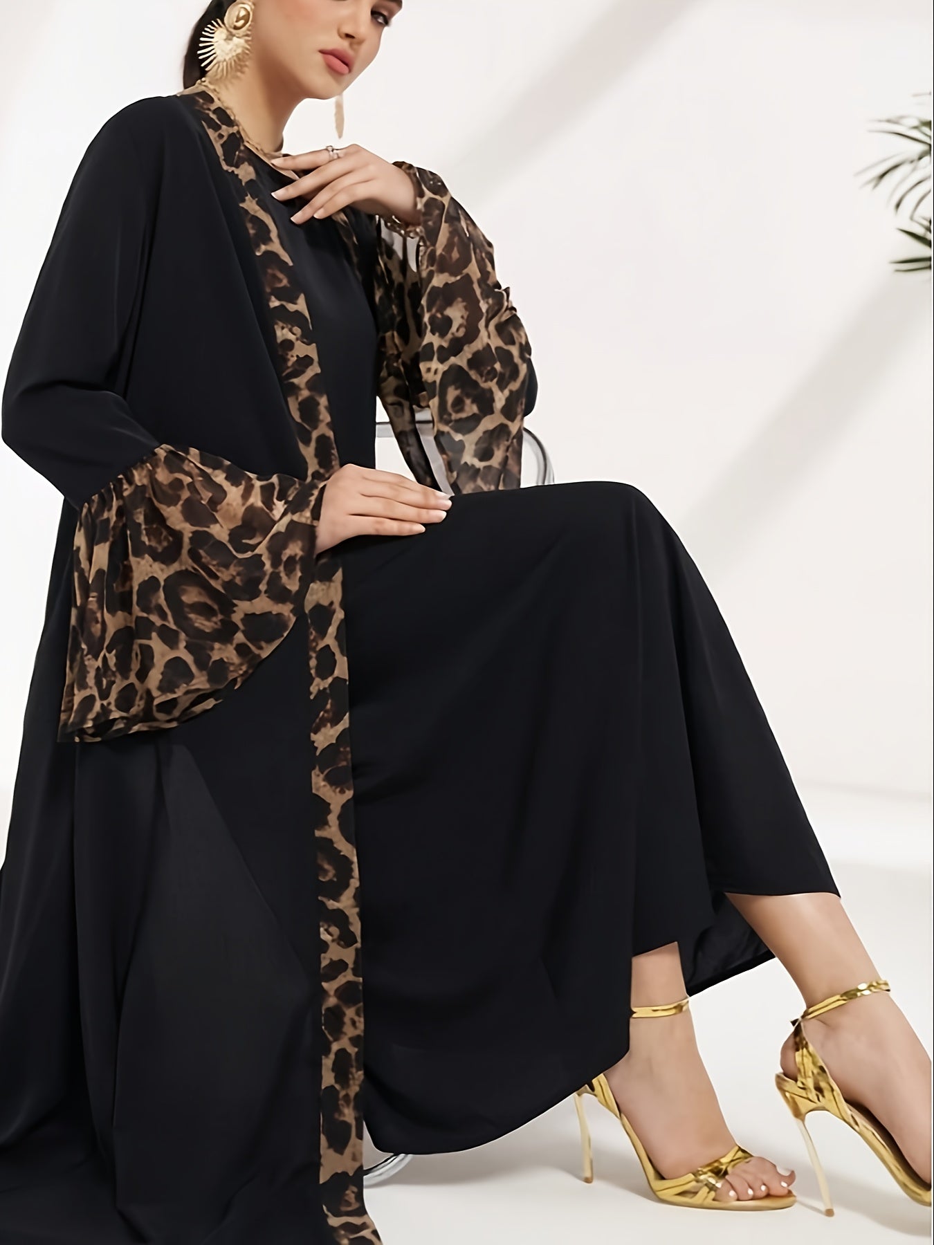 Plus Size, Graceful Women's Two-Piece Long Dress Set with Leopard Print Patchwork, Middle Eastern Pakistani Abaya Muslim Abaya 2pcs Long Sleeve Jumpsuit Casual Elegant Robe